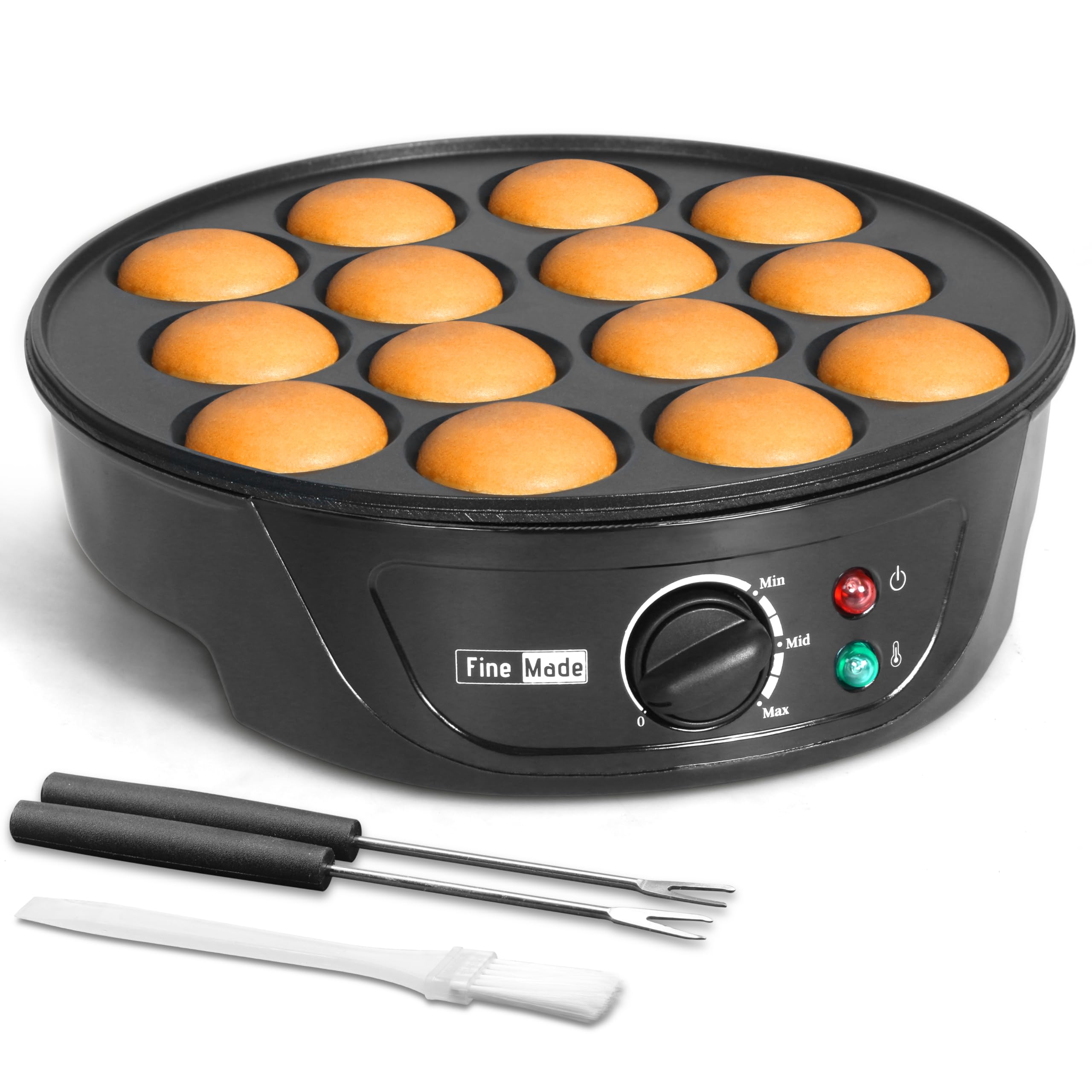 Non-Stick Electric Pancake Maker Machine - 14 Slots Dutch Poffertjes & Aebleskiver Pan with Browning Control - Includes Brush & Forks - Perfect for Breakfast, Brunch, and Family Gatherings - Black