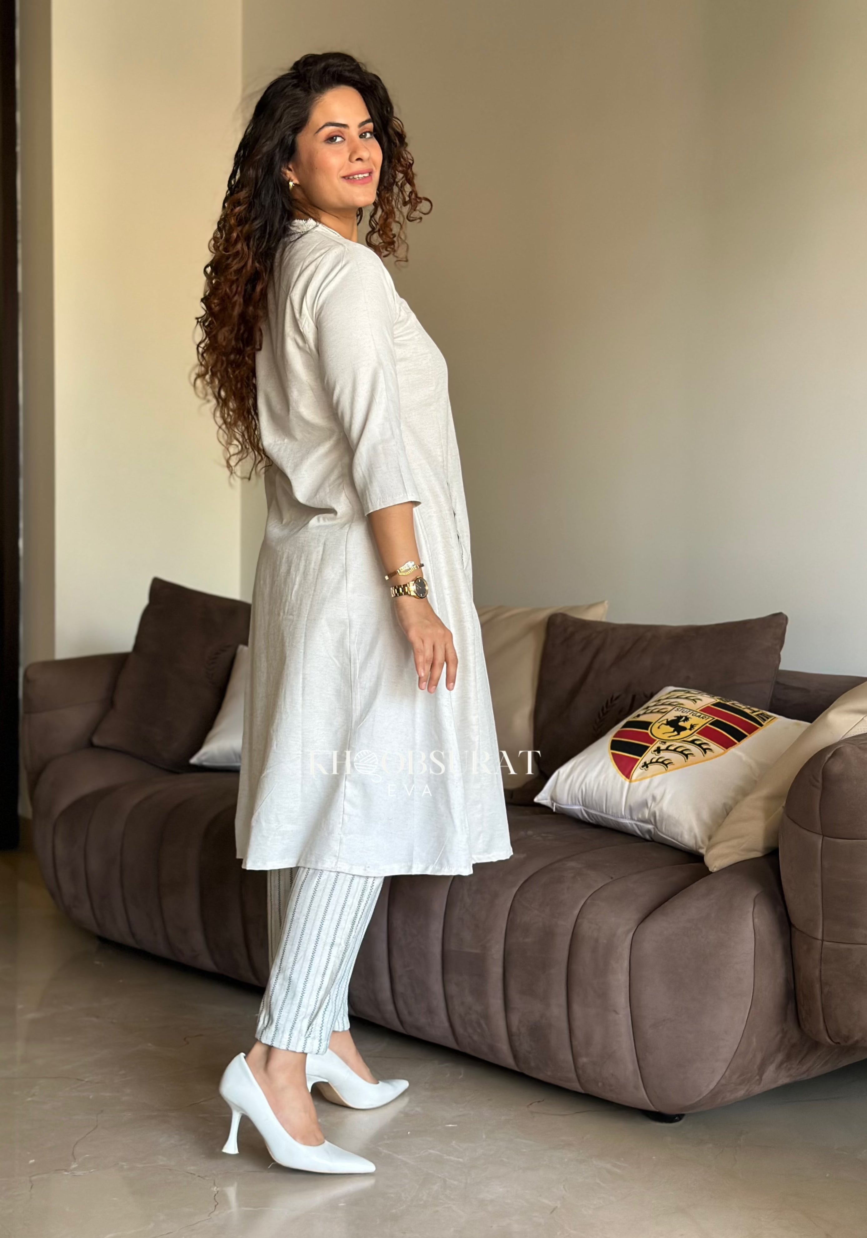 Fresh White Linen Duo Kurta Set for Women - Comfortable Cotton Ethnic Wear for Casual Outings & Festive Occasions