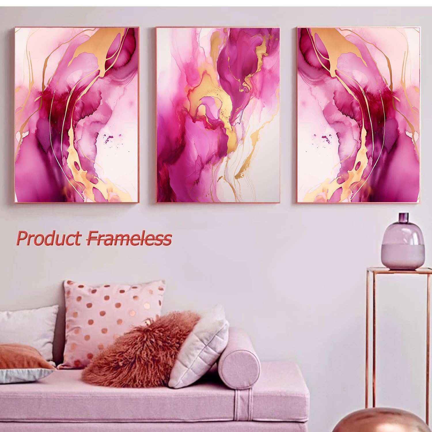 Pink Gold Marble Abstract Wall Art - 16x24in Unframed Canvas Print for Living Room, Bedroom & Office Decor - Modern Pink White Gold Abstract Painting with Purple Accents