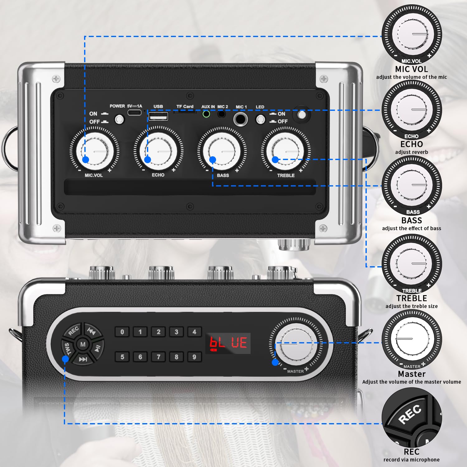 Portable Karaoke Machine with 2 Wireless Microphones - Bluetooth 5.1 Speaker for Adults & Kids, Bass/Treble Control, PA System with Remote, LED Lights, TF Card/USB/AUX/FM Support - Perfect for Home Parties, Birthday Celebrations & Family Gatherings