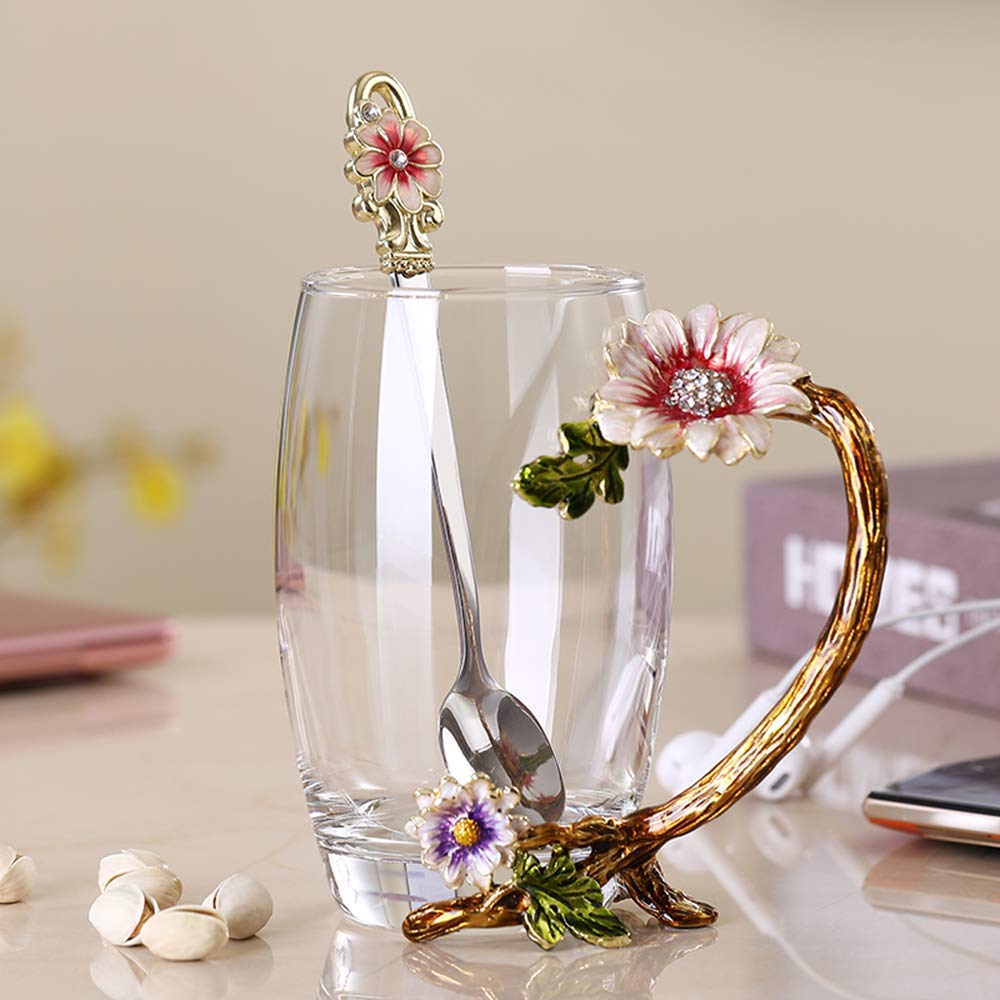 Enamel Sunflower Crystal Lead-Free Glass Tea Cup with Spoon Set - Perfect Gift for Christmas, Valentine's Day, Mother's Day - Ideal Present for Mom, Grandma, Girlfriend, Sister - Elegant Tea Time Accessories for Home, Office, or Afternoon Tea Parties