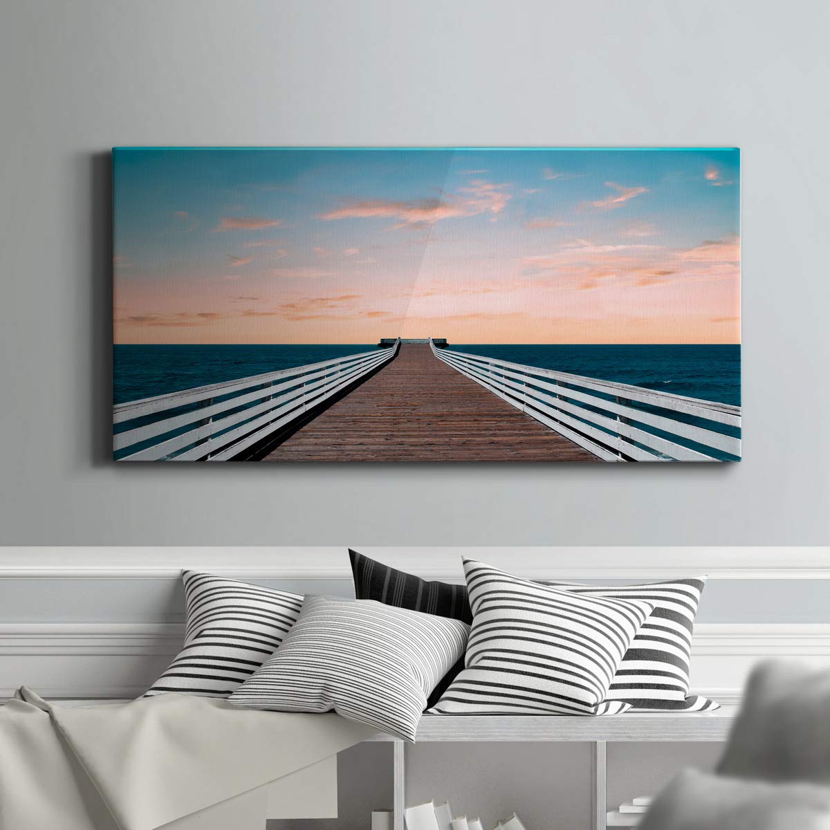 Modern Ocean Pier Canvas Wall Art - Blue Beach Landscape Print for Living Room, Bedroom, Bathroom & Office Decor - Ready to Hang 24x48 Inches - Perfect for Coastal, Nautical & Seaside Home Styling
