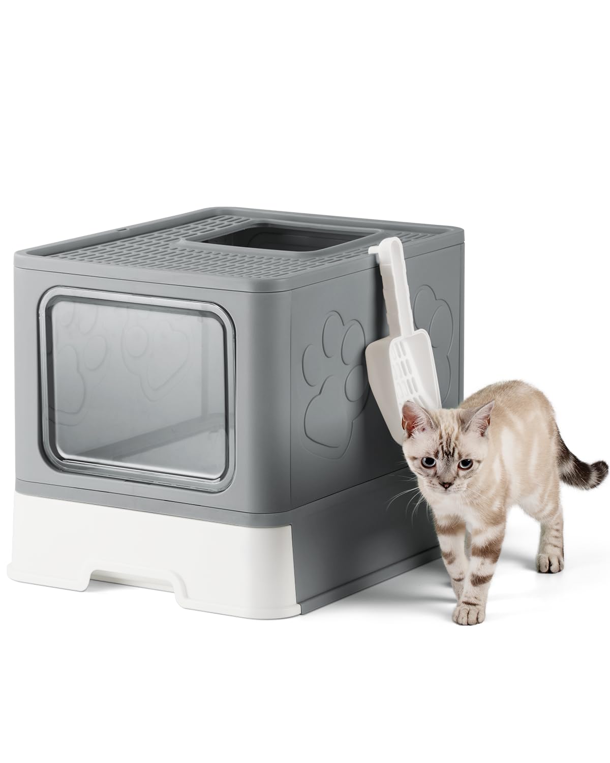 Enclosed Cat Litter Box for Large Cats - Odor Control Covered Kitty Litter Box with Lid & Scoop, Top Entry Design, Easy to Clean (Grey) - Perfect for Home, Apartment & Multi-Cat Households