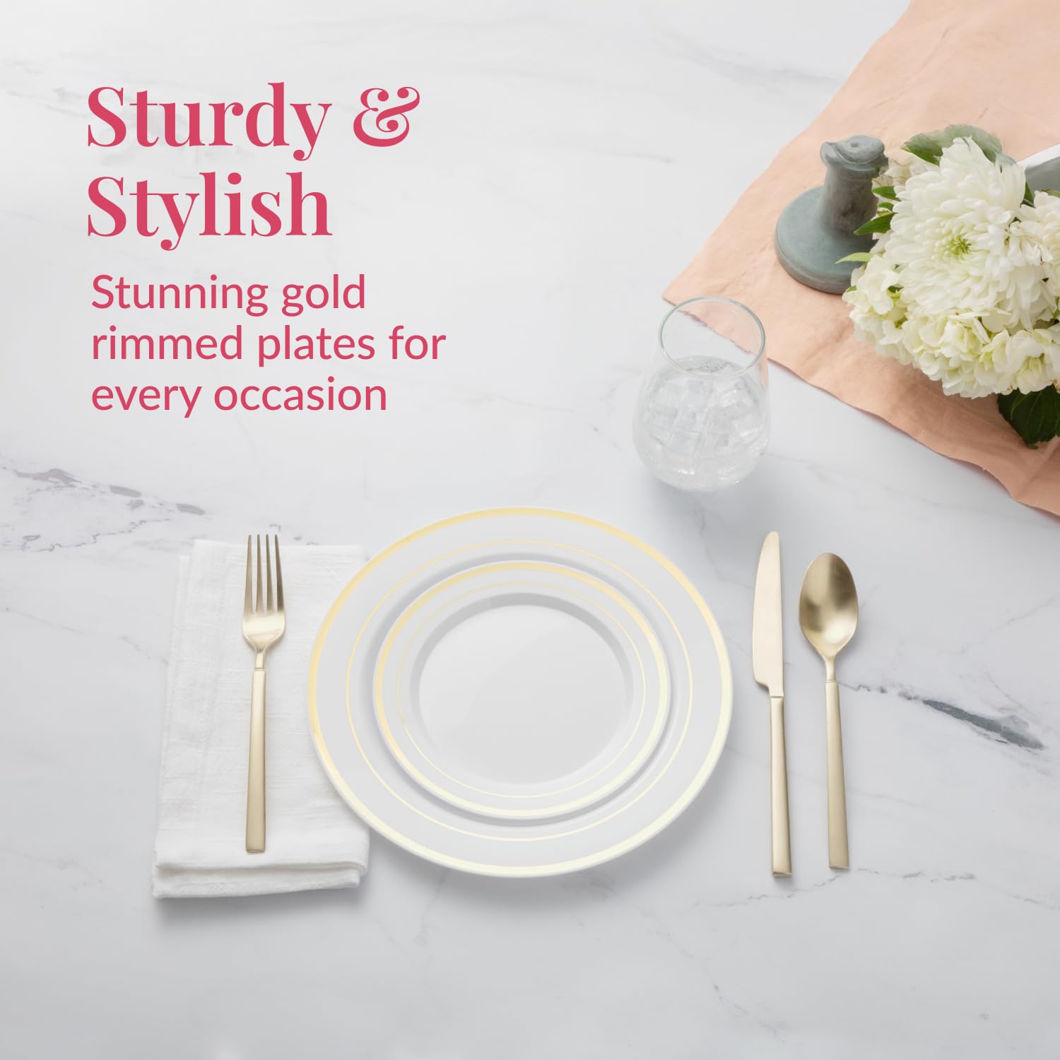 Prestee 200-Piece Gold Disposable Plates Set - 100 Dinner Plates & 100 Salad Plates, White with Gold Rim - Heavy Duty Plastic Party Plates for Wedding, Holiday, Birthday, Appetizer & Dessert - Perfect for Elegant Events, Catering & Home Entertaining