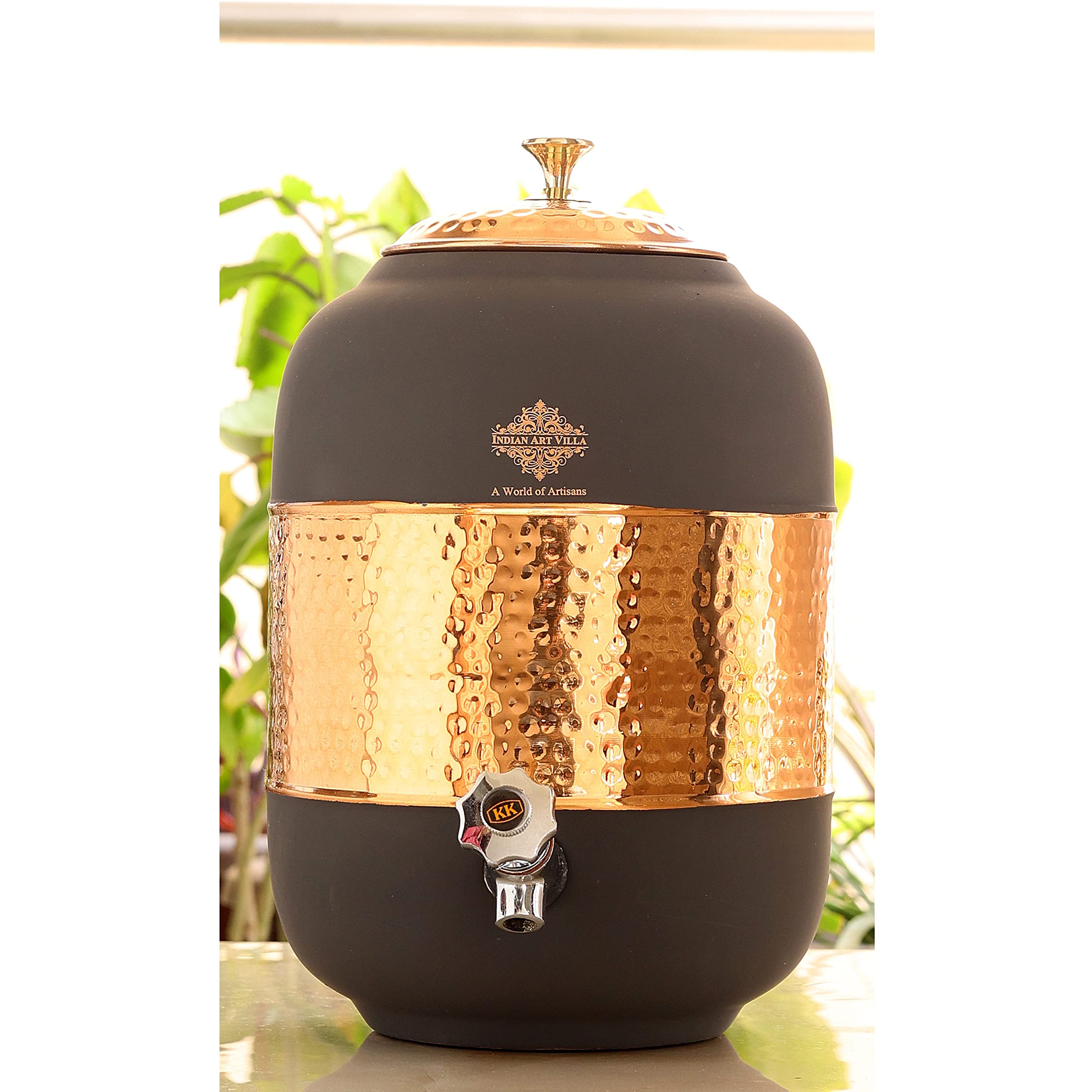 Handmade Indian Art Villa Half Hammered Copper Water Pot with Silk Finish - 270oz (8L) Grey - Traditional Water Storage for Home, Yoga, Ayurveda & Spiritual Ceremonies