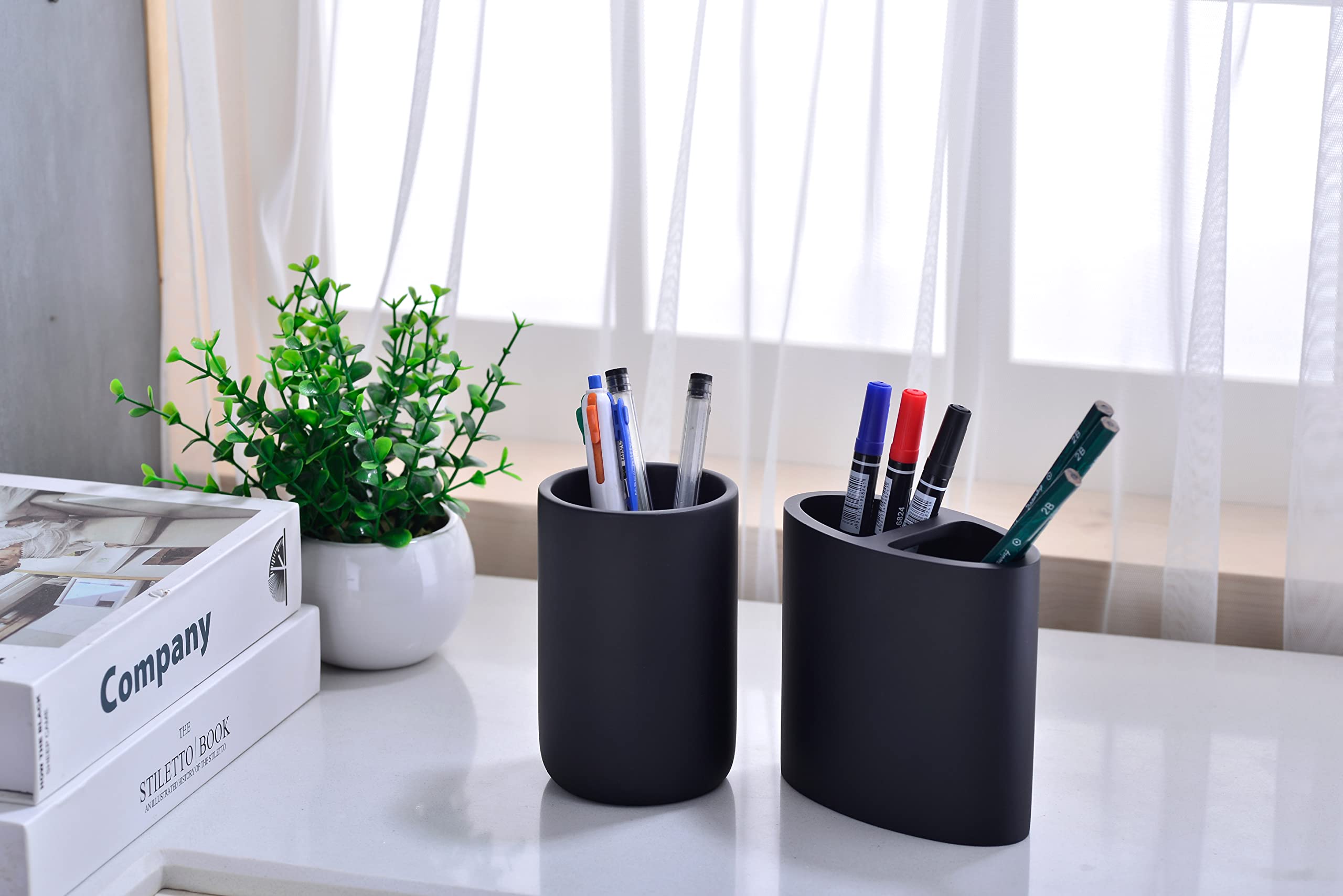 Matte Black Resin Toothbrush Holder - Bathroom Organizer & Multifunctional Pencil Cup | Perfect for Bathroom Countertops, Office Desks, and Dorm Room Storage