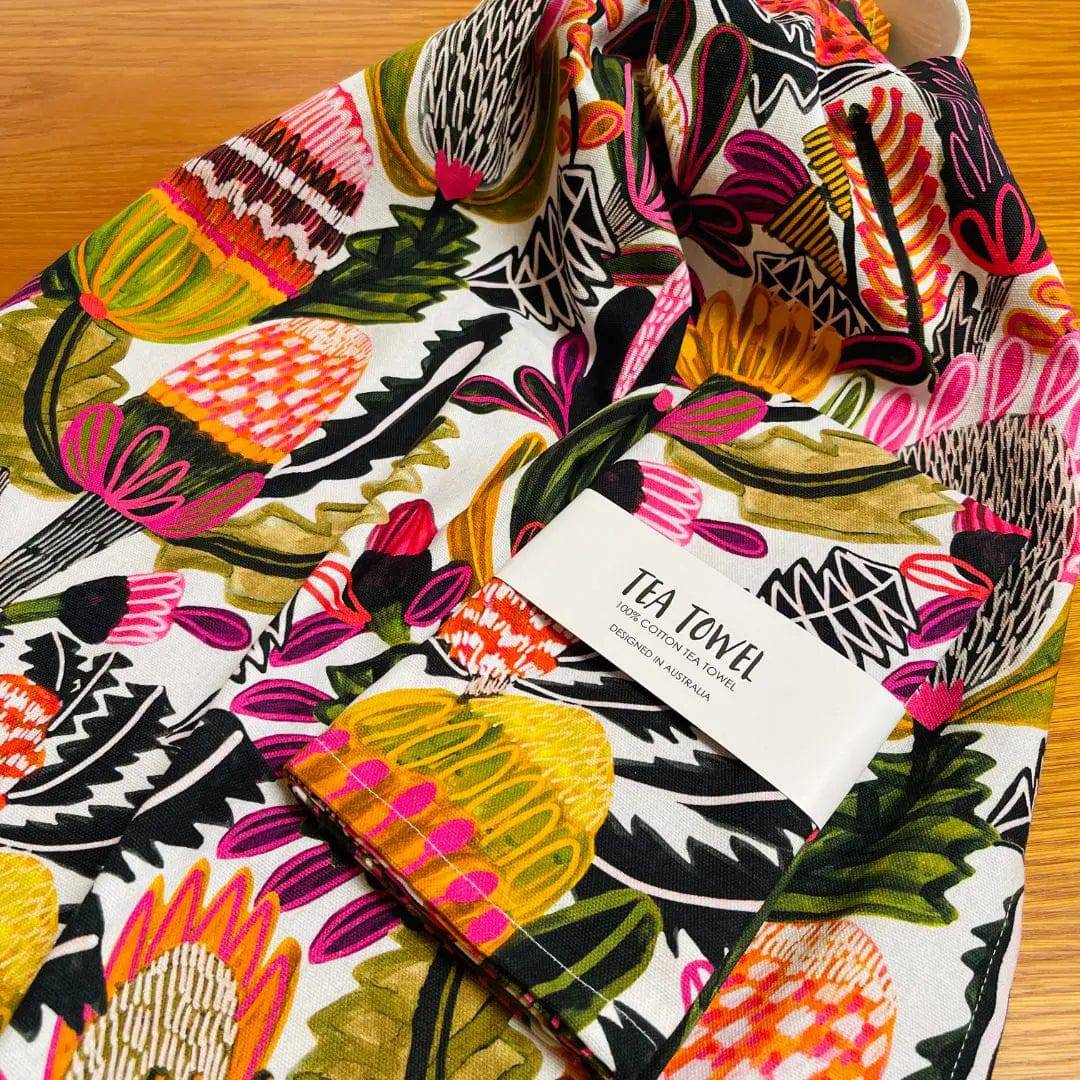 Banksias Designer Tea Towel - Premium Australian Floral Printed Kitchen Towel for Drying Dishes, Decor & Gift Giving - Perfect for Home, Cafe & Hostess Use