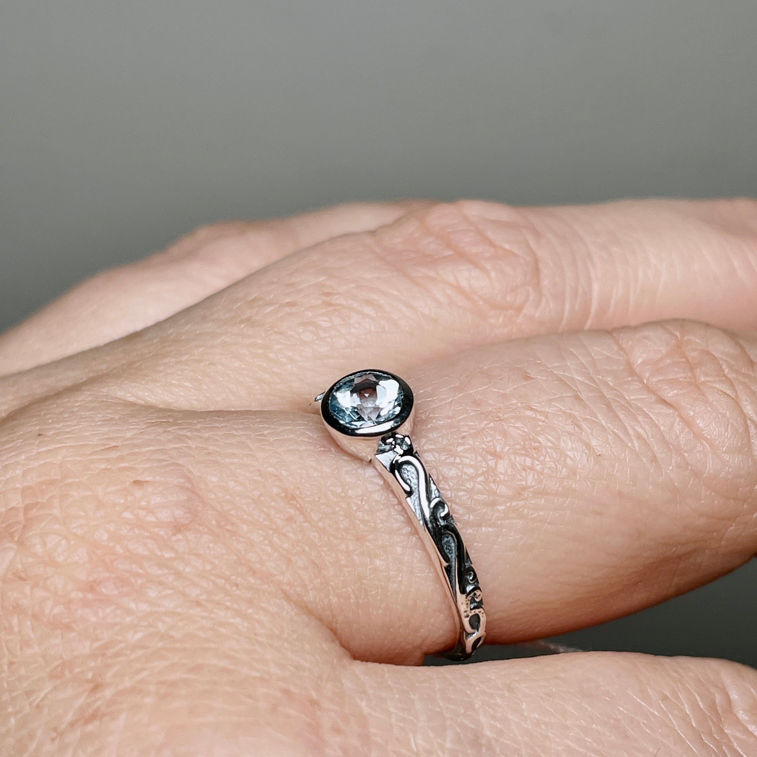 Blue Topaz Round Faceted Sterling Silver Ring with Decorative Setting - Elegant Jewelry for Women, Perfect for Weddings, Anniversaries & Special Occasions