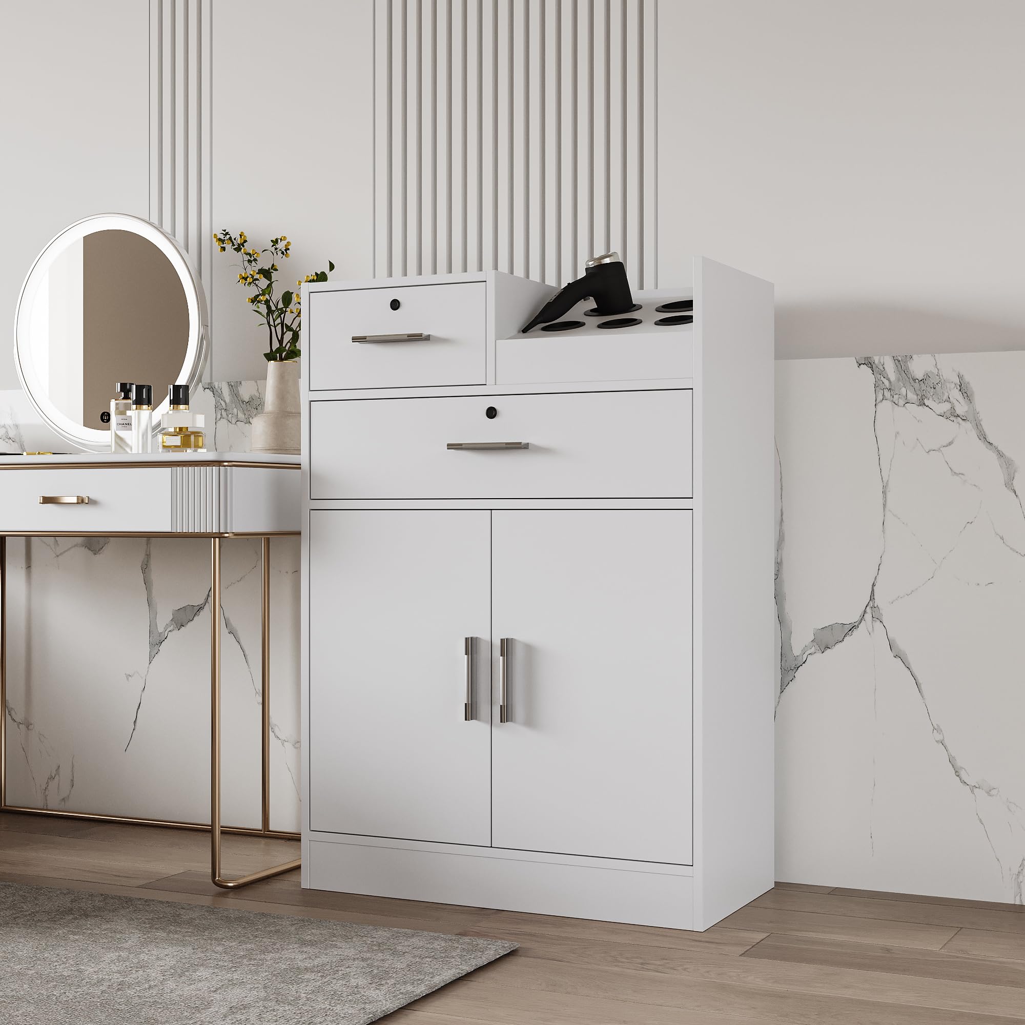 Salon Storage Cabinet with Hair Dryer Holder - 2 Drawers & 1 Cabinet for Salon, Barber & Home Use - White