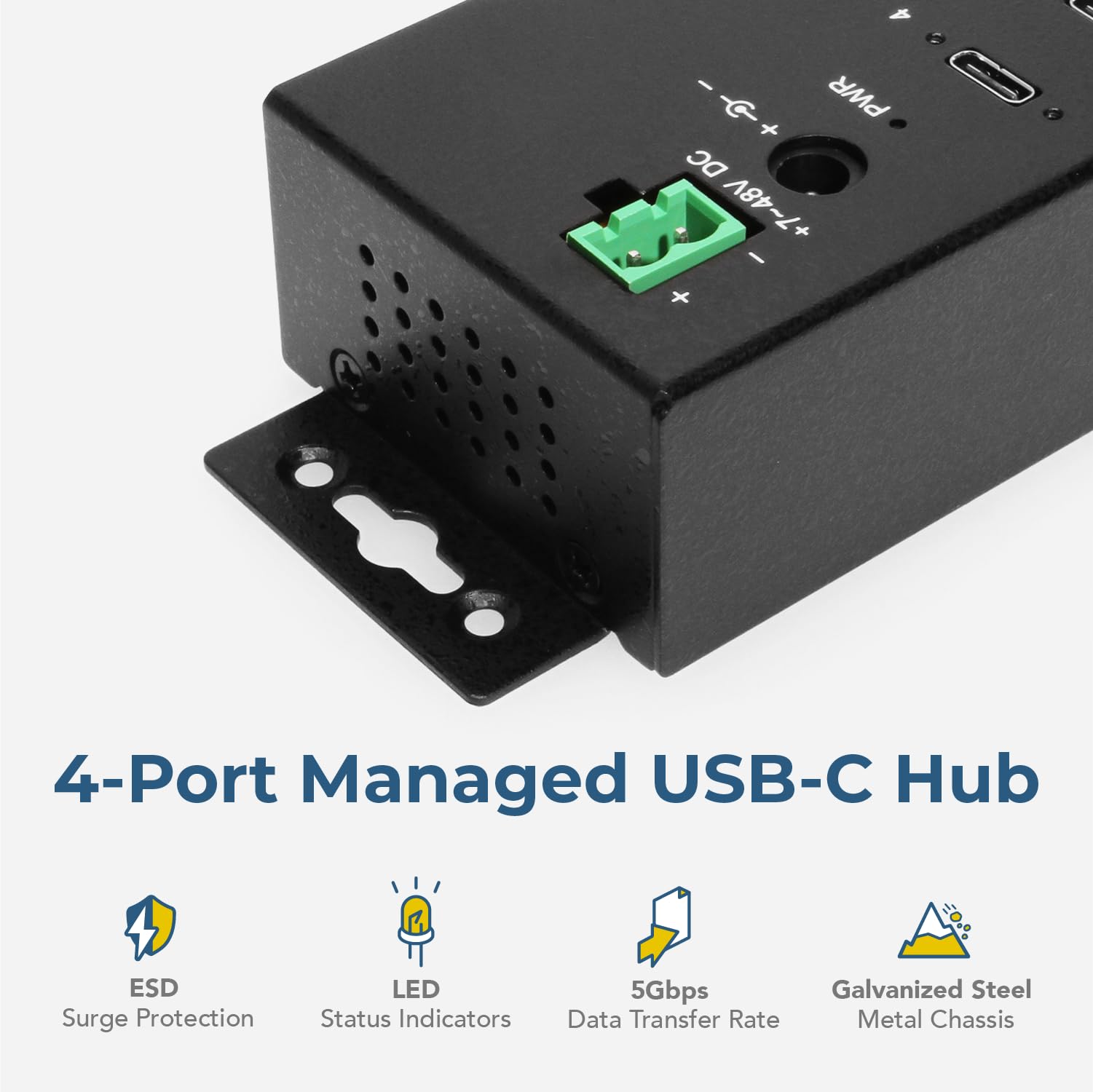 4-Port USB-C 3.2 Hub with 15KV ESD Surge Protection - DIN Rail Mount for Industrial Control Panels & Server Racks