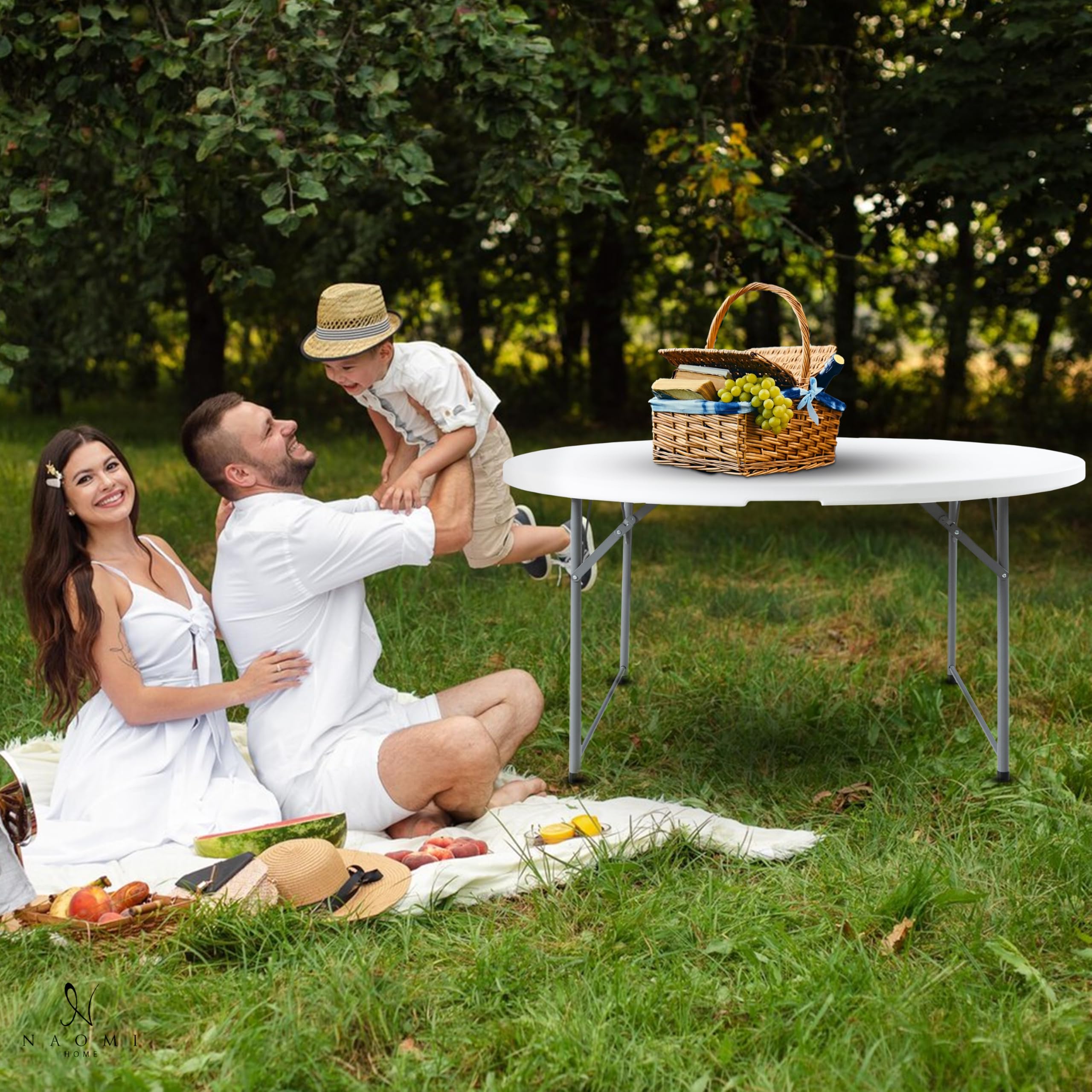 Naomi Home 60-Inch Round Folding Table - Lightweight Durable Bi-Fold Portable Plastic Table with Carrying Handle, White Resin Surface & Sturdy Steel Frame for Indoor Outdoor Use - Perfect for Parties, Picnics, Camping, and Home Events