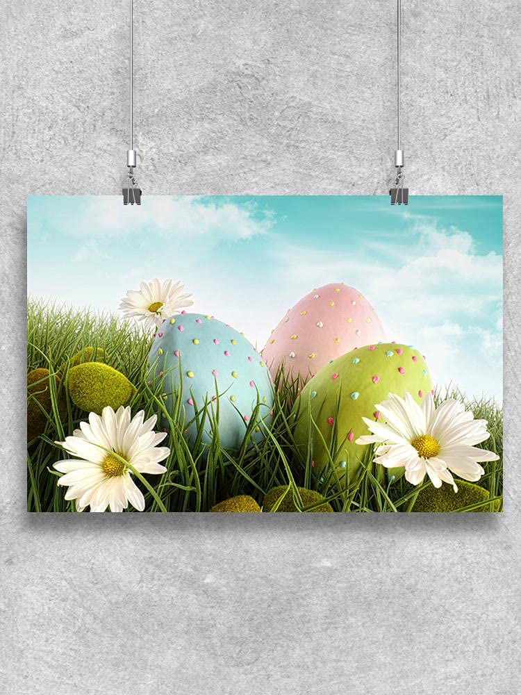Easter Eggs, Grass and Daisies Spring Wall Art Poster - Perfect for Home Decor, Easter Party, Nursery & Seasonal Celebrations