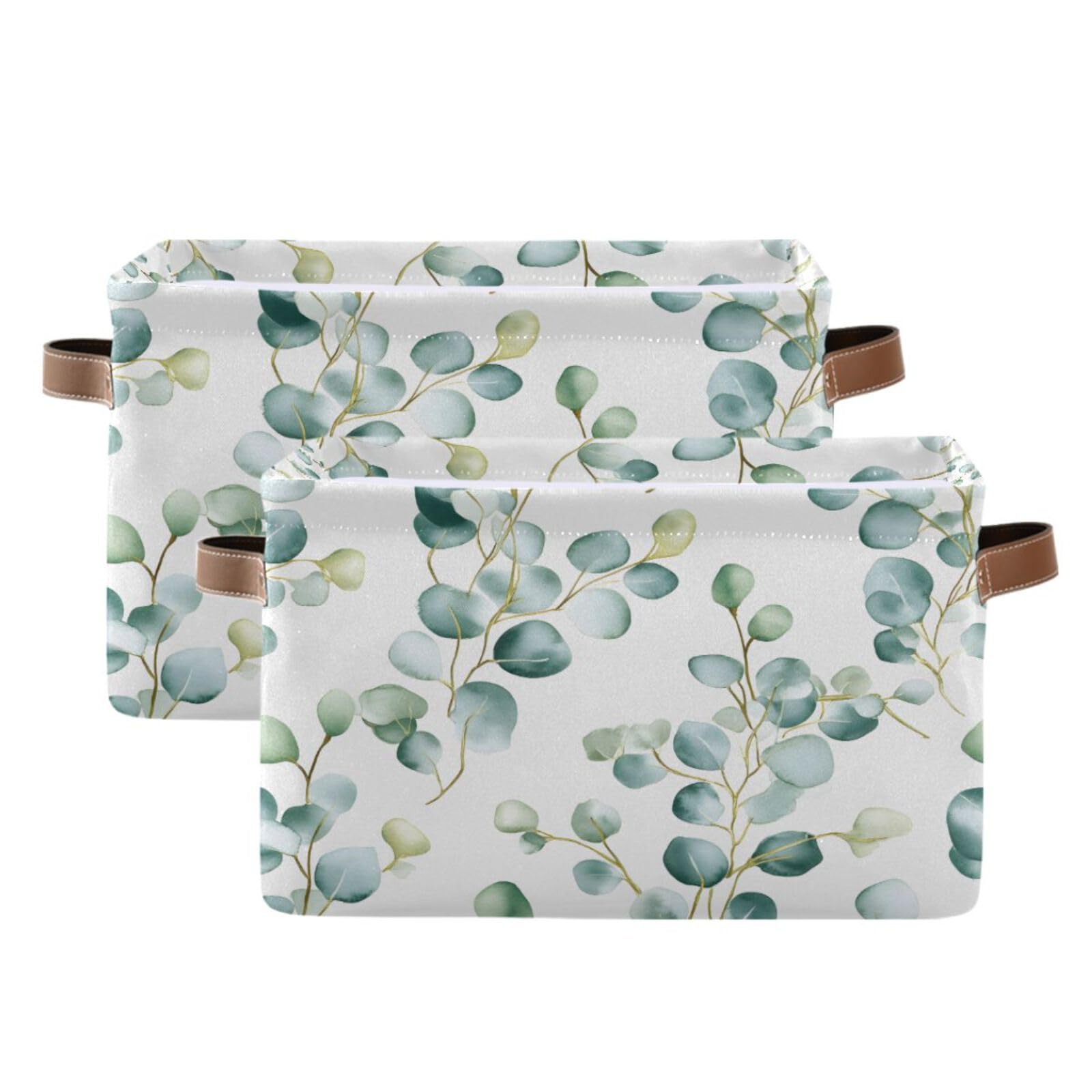 Qilmy Watercolor Leaves Storage Basket 2 Pack - Foldable Canvas Rectangular Organizer Bin with Leather Handles for Closet, Office, Nursery & Home Decor | Perfect for Storing Blankets, Toys & Home Essentials