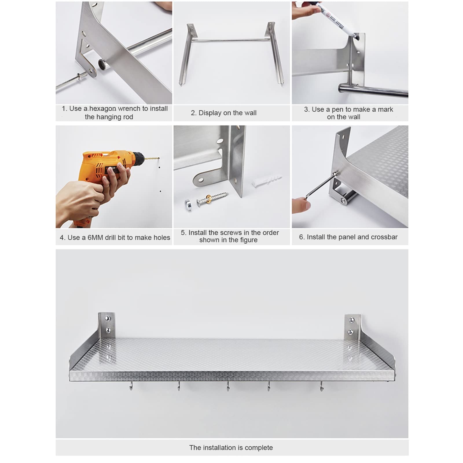 Stainless Steel Microwave Shelf with Hooks - 24 Inch Universal Floating Oven Rack, Heavy Duty Wall Mount Storage Organizer for Kitchen - Perfect for Small Spaces & Microwave Oven Organization