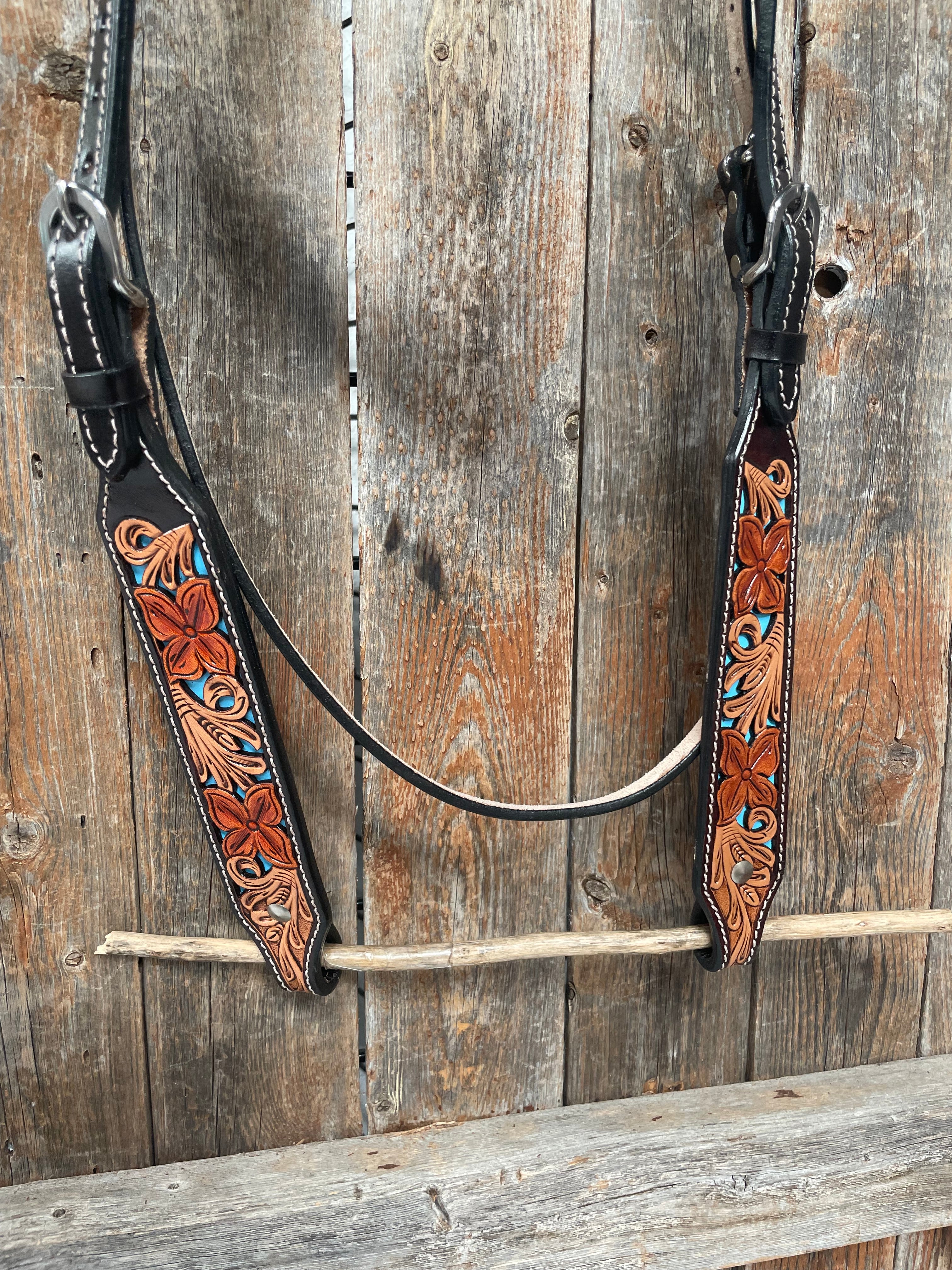 Premium Dark Oil Blue Inlay Browband Headstall Bridle for Horses - Western & English Riding, Show & Trail Use - Model #FK104