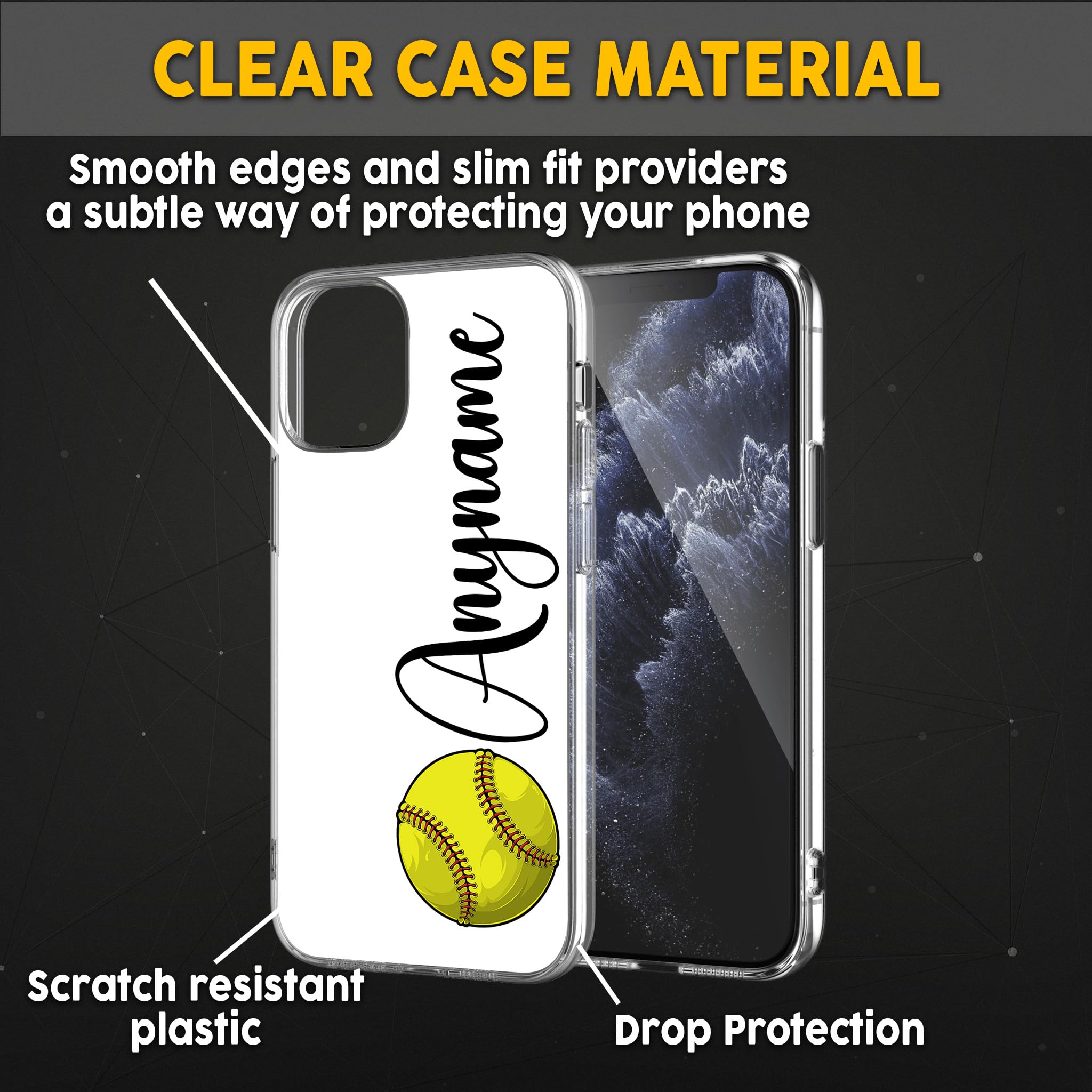 Custom Softball Phone Case with Personalized Name & Number - Durable Clear Protective Cover Compatible with iPhone 15/14/13/12/11/X/XR/XS/Pro Max/Ultra - Perfect for Baseball Games, Sports Fans & Team Spirit (Softball V1)