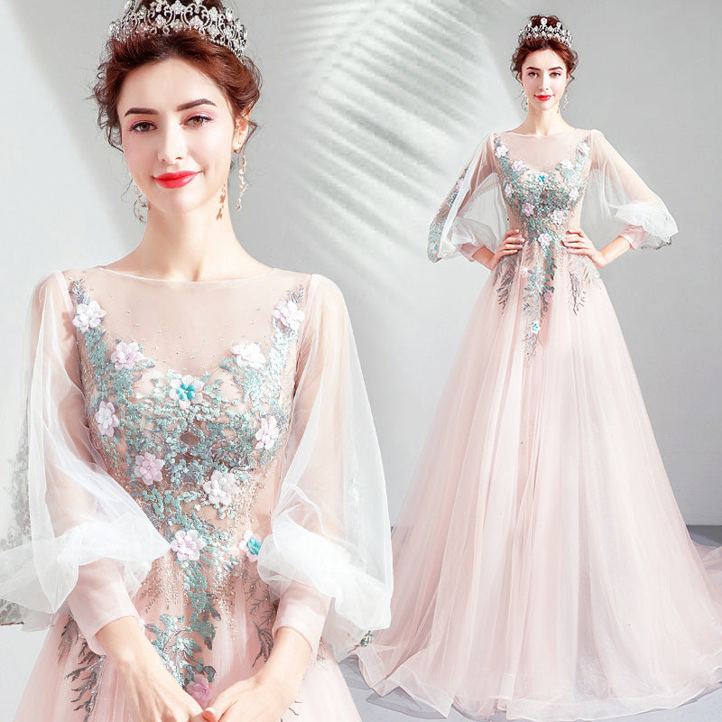 Elegant Long Sleeve Floral Pink Prom Dress with Tulle Skirt - Formal Evening Gown for Homecoming, Quinceañera & Special Occasions