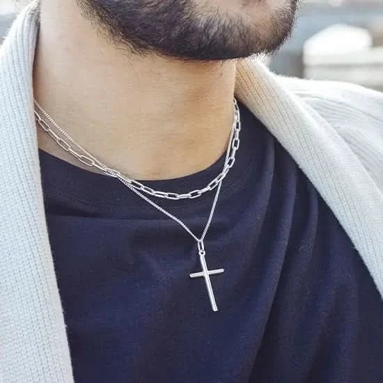 Men's Silver Cross Necklace - Stainless Steel Religious Pendant with 18