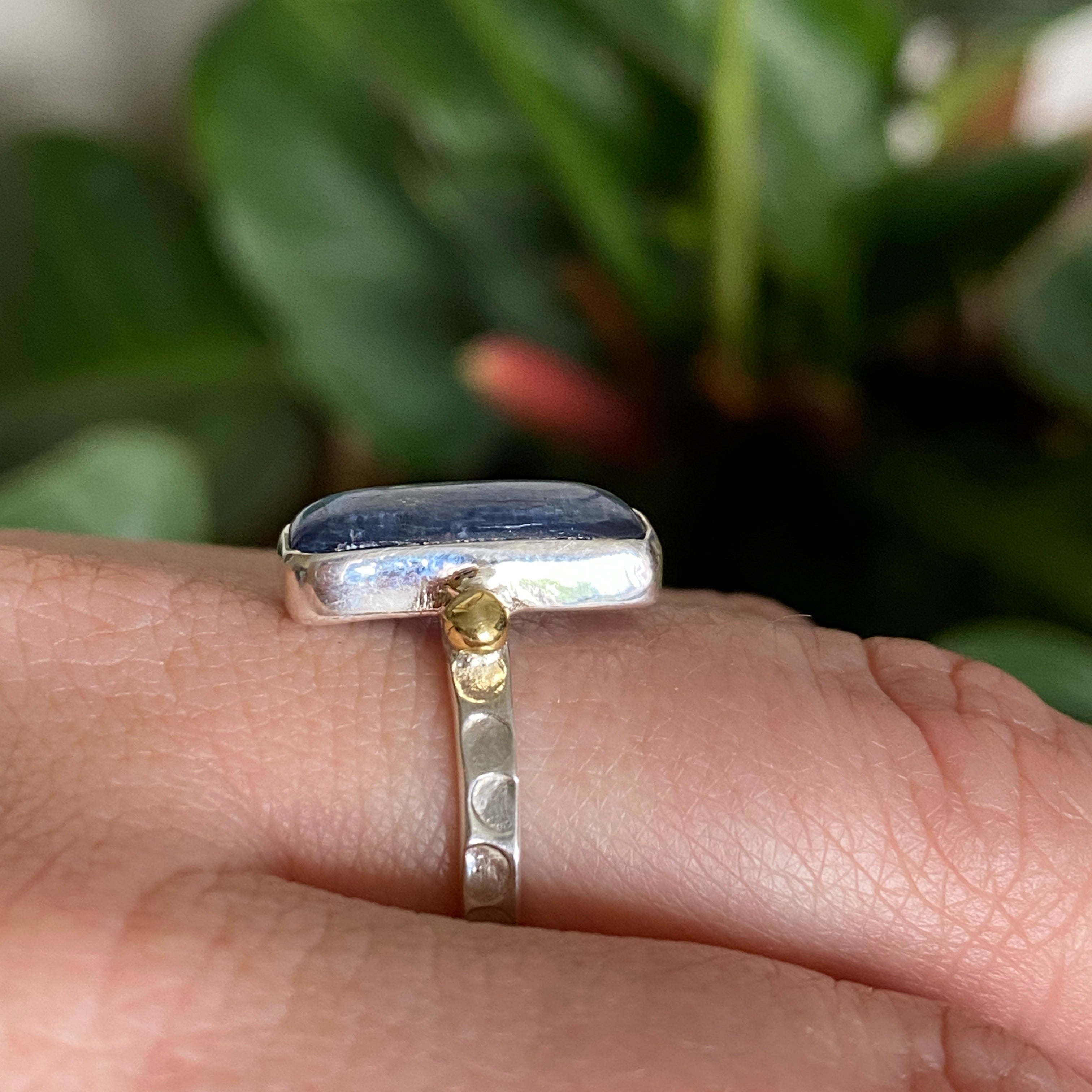 Blue Kyanite Rectangular Cabochon Ring with Brass Accents - Size 8 - Handmade Boho Jewelry for Women - Perfect for Meditation, Spiritual Healing & Everyday Wear KRGJ3279