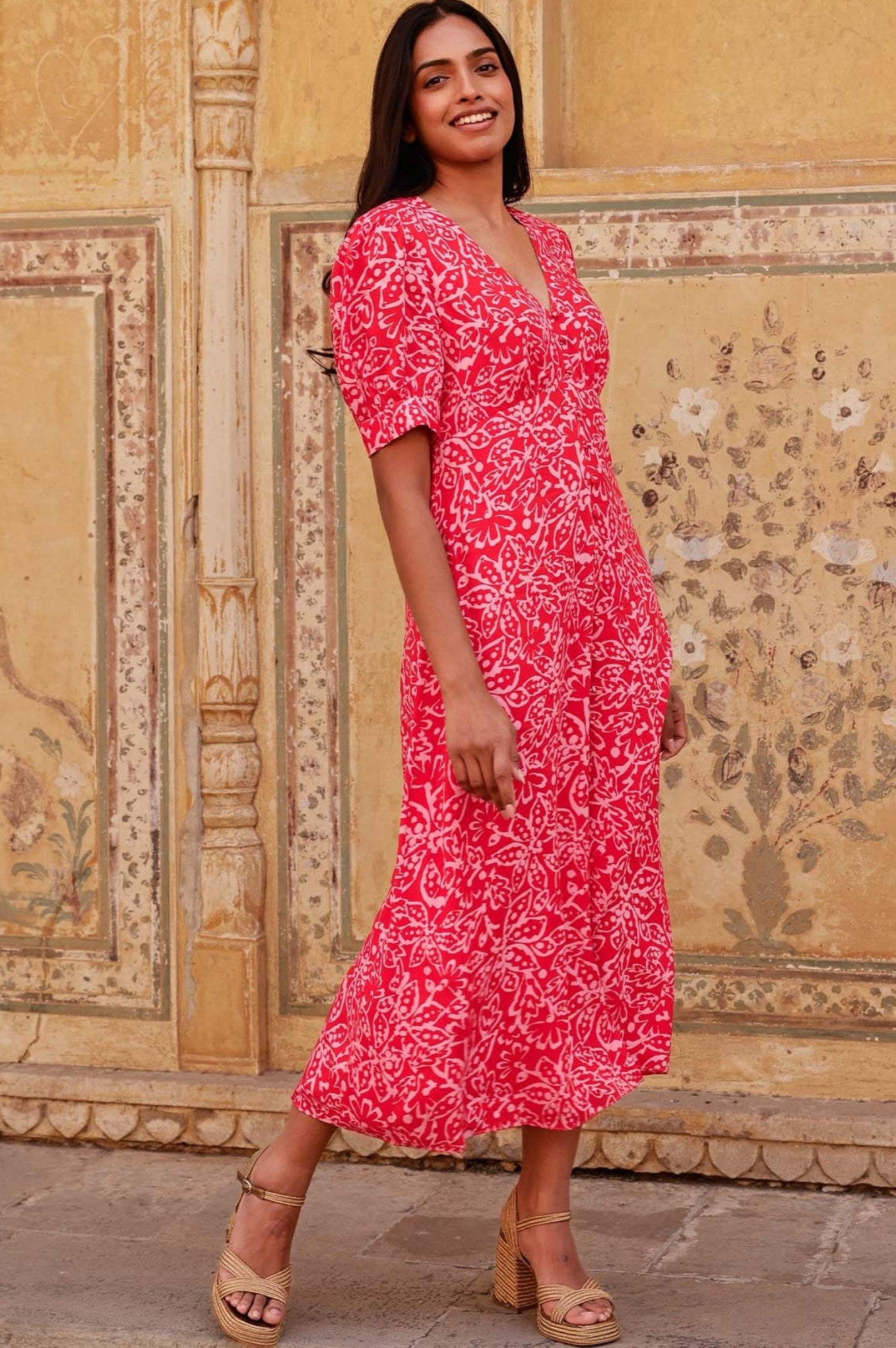 Anne Tea EcoVero™ Floral Dress - Spring Garden Red/Pink Flowy Midi Dress | Sustainable Viscose Dress for Women | Perfect for Garden Parties, Brunch Dates & Summer Weddings