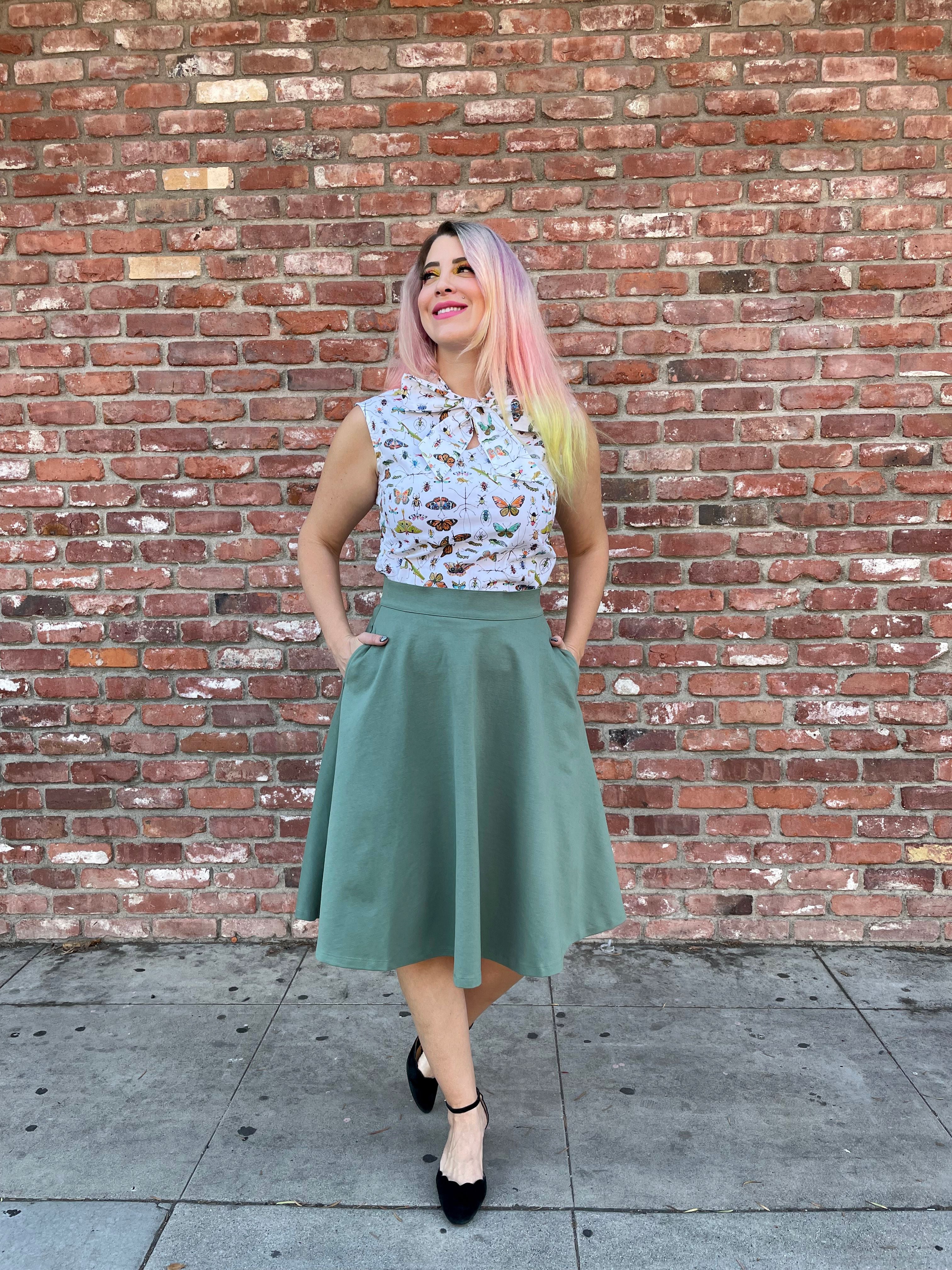 Charlotte Women's Plus Size Sage Green Midi Skirt - Flowy A-Line Style for Casual Wear, Office & Special Occasions