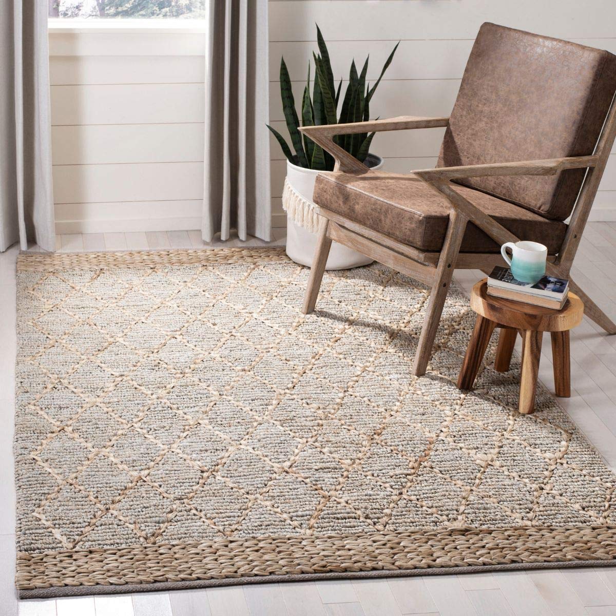 SAFAVIEH Natural Fiber Collection 6' Square Silver NF951G Handmade Boho Moroccan Trellis Jute Area Rug - Perfect for Living Room, Bedroom & Boho Chic Home Decor