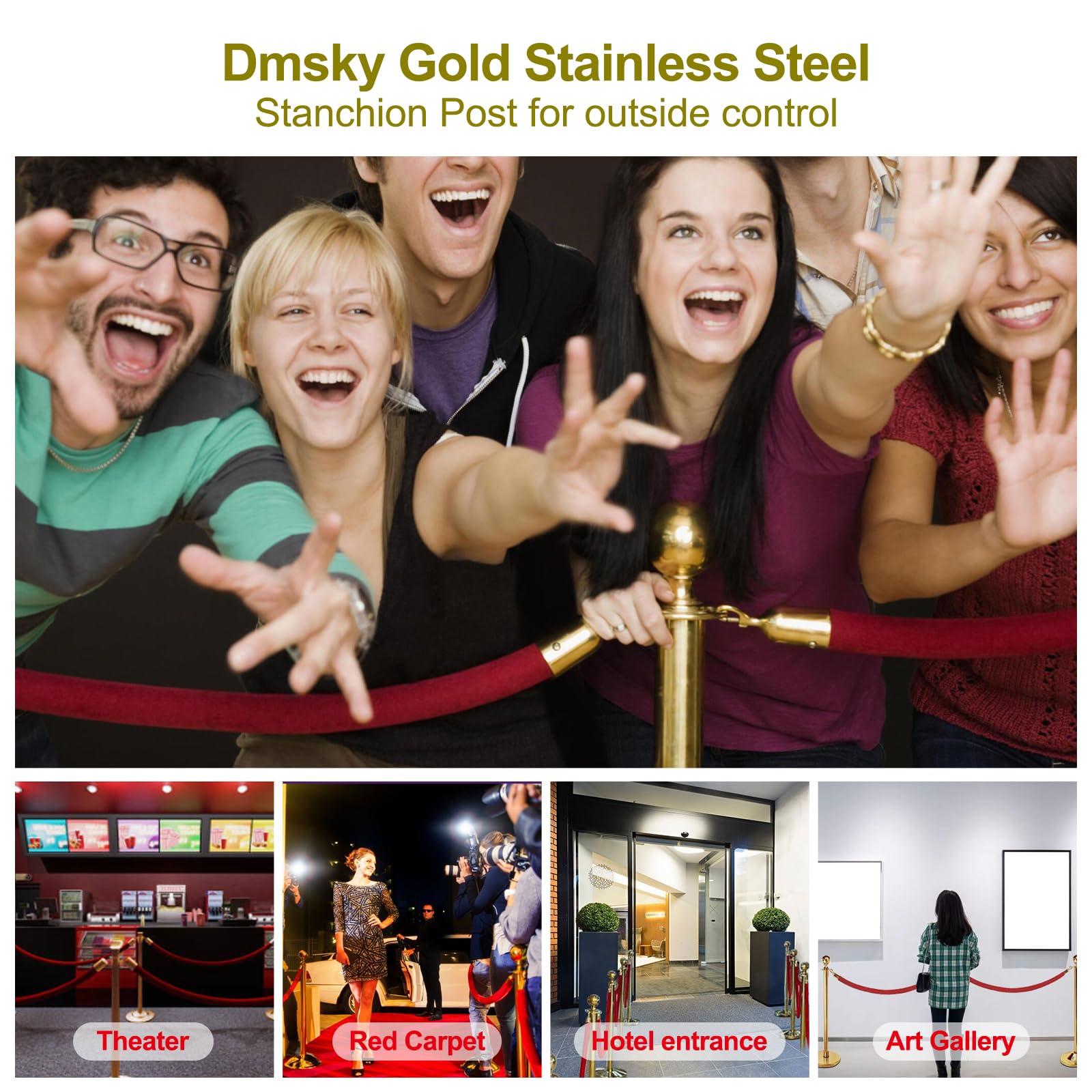 Premium Stainless Steel Stanchion Post with Red Velvet Rope - 5ft Crowd Control Barrier Set (4 Pieces, Gold) - Perfect for Red Carpet Events, VIP Parties, Wedding Receptions, and Queue Management