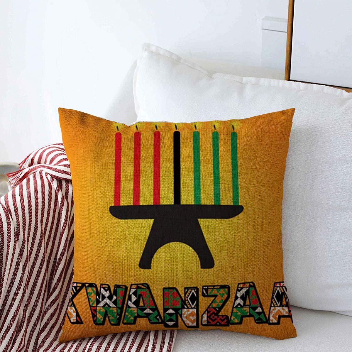 18x18 Inch Kwanzaa Throw Pillow Cover - African American Holiday Celebration with Seven Flames Design - Cotton Linen Cushion Case for Sofa, Bed & Home Decor - Perfect for Kwanzaa Festival, Christmas & Fall Seasonal Decorations