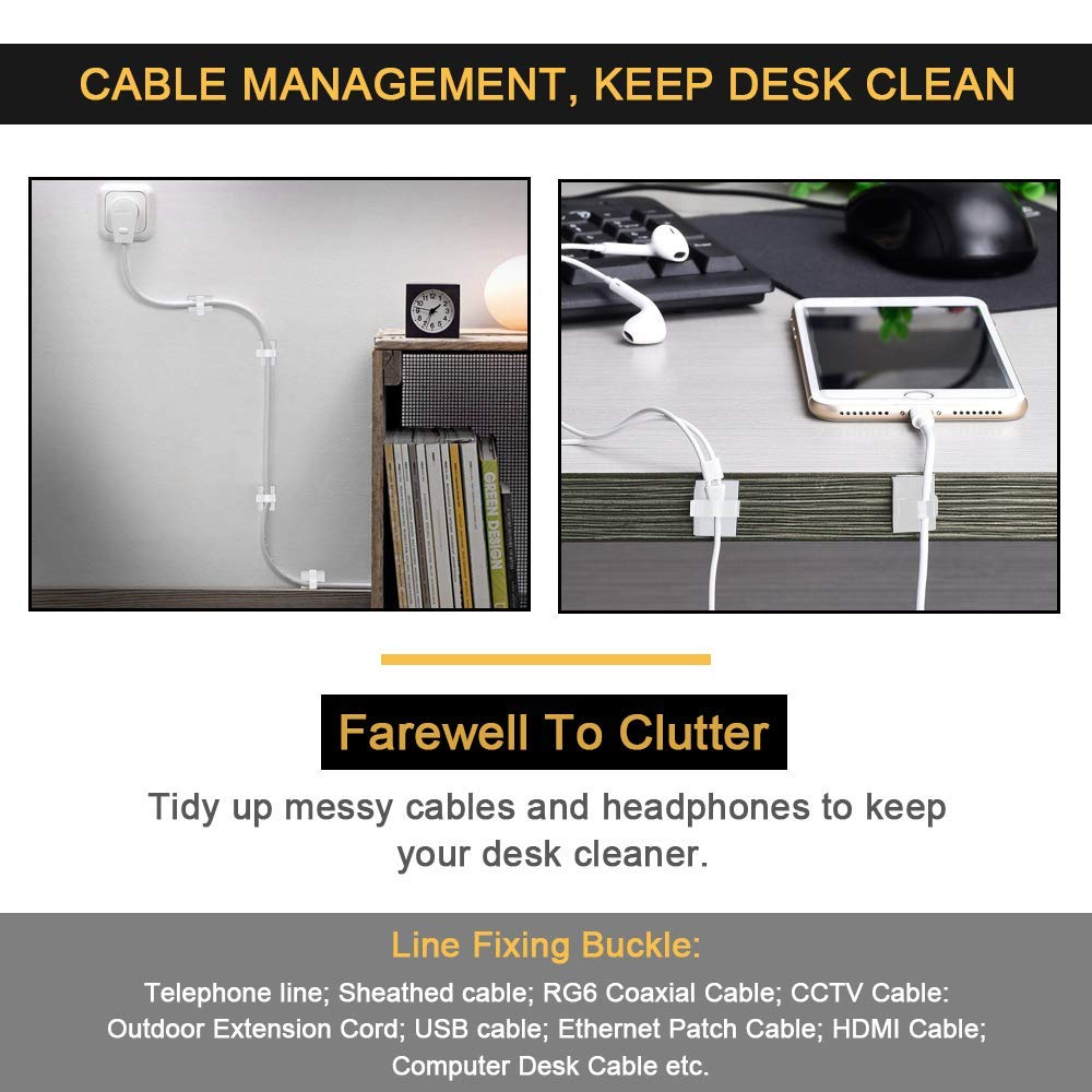 3M Self-Adhesive Cable Clips - 50pcs White Cord Organizers for Desk, Wall & Car Dash Cam Wire Management | Secure & Tangle-Free Cable Clamps for Home, Office & Vehicle Use