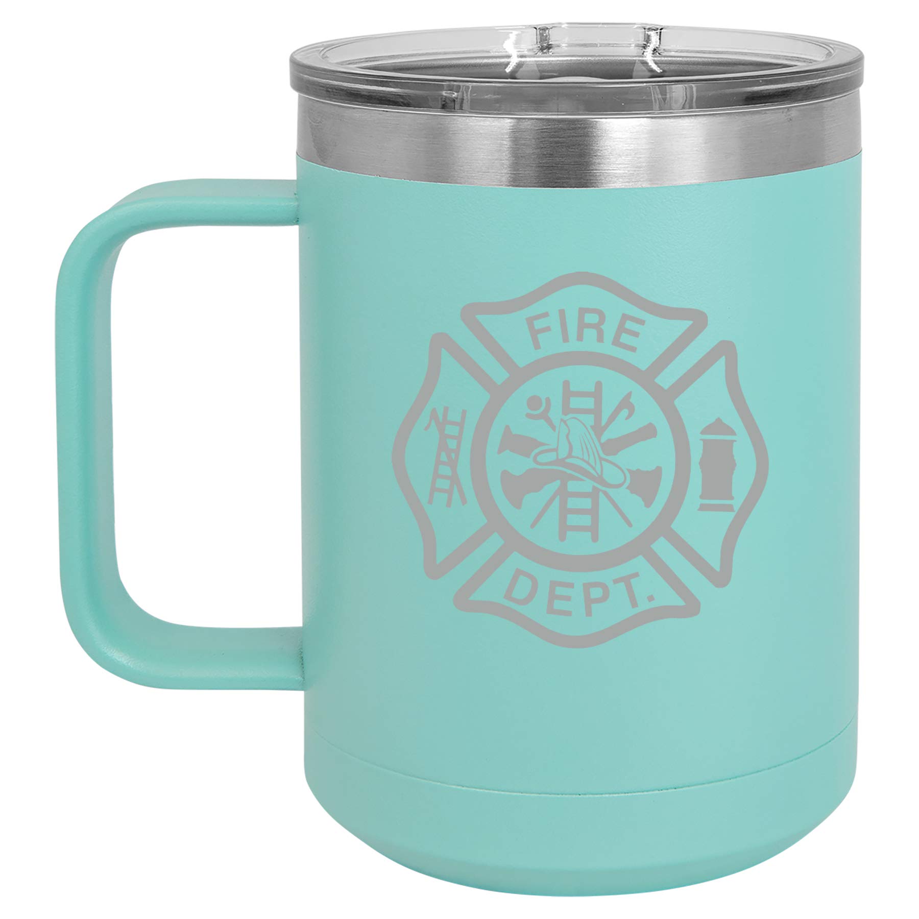 15 oz Vacuum Insulated Stainless Steel Tumbler with Handle & Lid - Firefighter Maltese Cross Design (Teal) - Perfect for Coffee, Tea & Travel Use