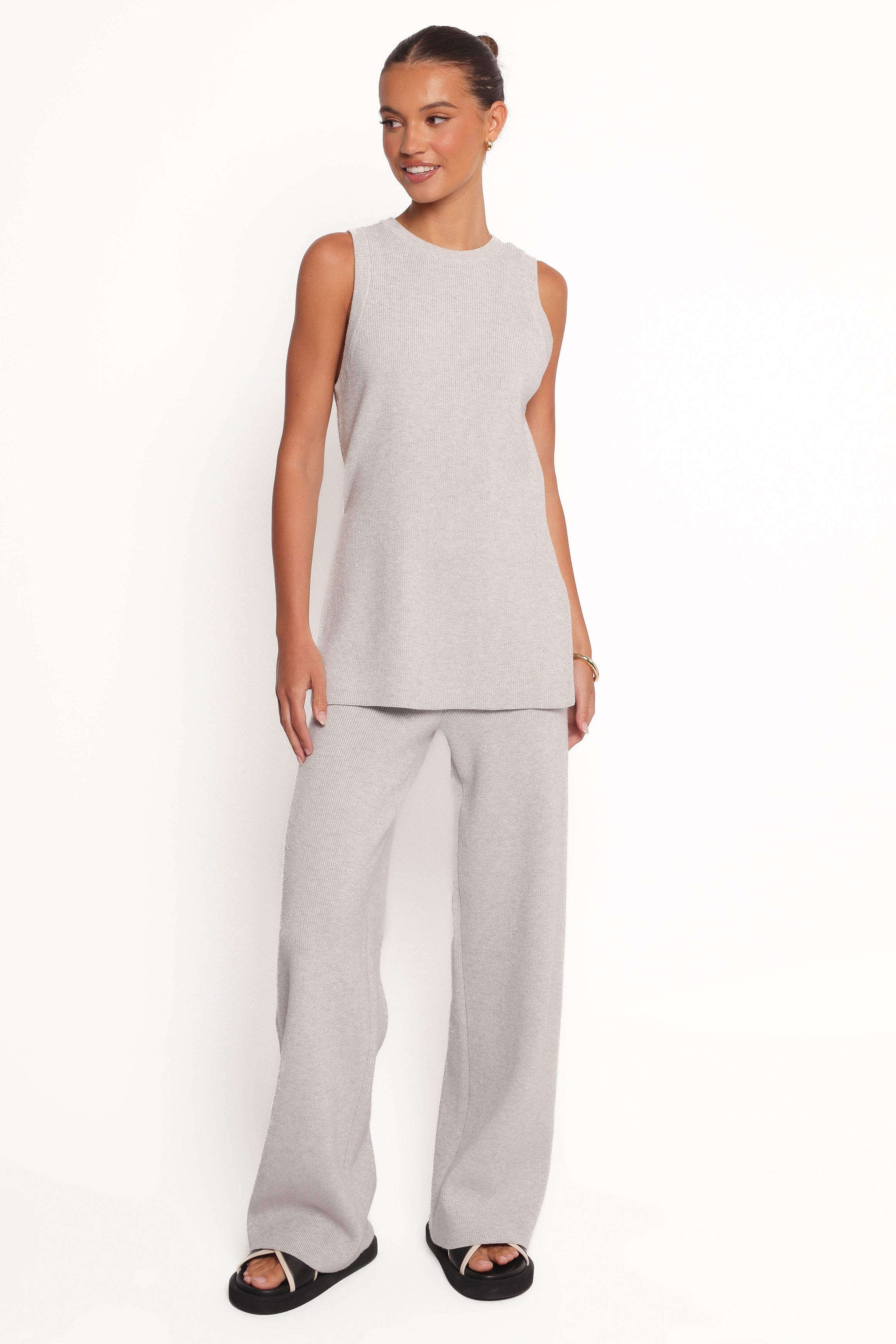 Ellory Knitted Pant Set for Women - Light Grey Lounge Wear, Cozy Outfit for Home, Office & Travel