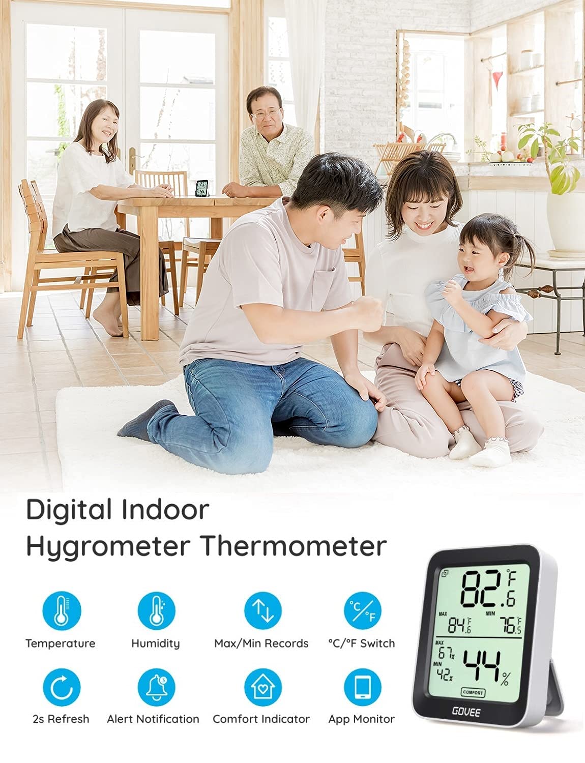 Govee H5075 Bluetooth Hygrometer Thermometer - Indoor Room Temperature & Humidity Monitor with App Control, Alerts, 2-Year Data Storage - Perfect for Home, Greenhouse, Baby Room & Office