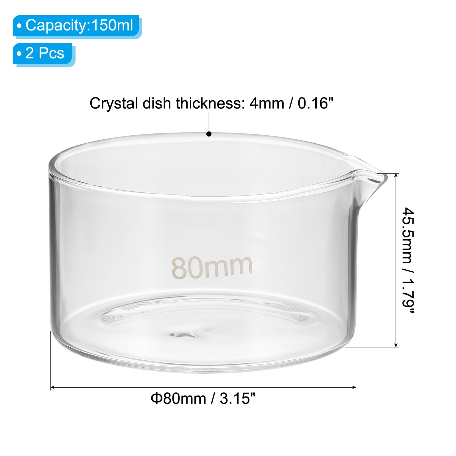 2-Pack 150ml Borosilicate Glass Crystallizing Dishes with Spout - Flat Bottom Lab Evaporation Dishes for Chemistry, Science Experiments, Classroom & Kitchen Use (Durable & Transparent)