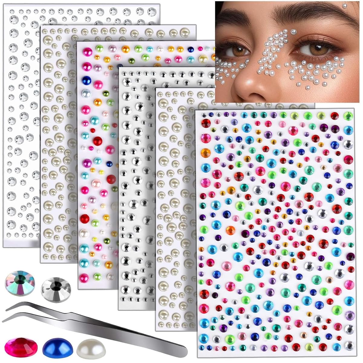 MAYCREATE® Rhinestone Face Stickers - 6 Sheets Pearl Nail Gems for Women | DIY Craft Stone Stickers | Glitter Face & Hair Decorations | Makeup, Nail Art, Scrapbooking Supplies | Perfect for Parties, Weddings, Photo Shoots & DIY Projects