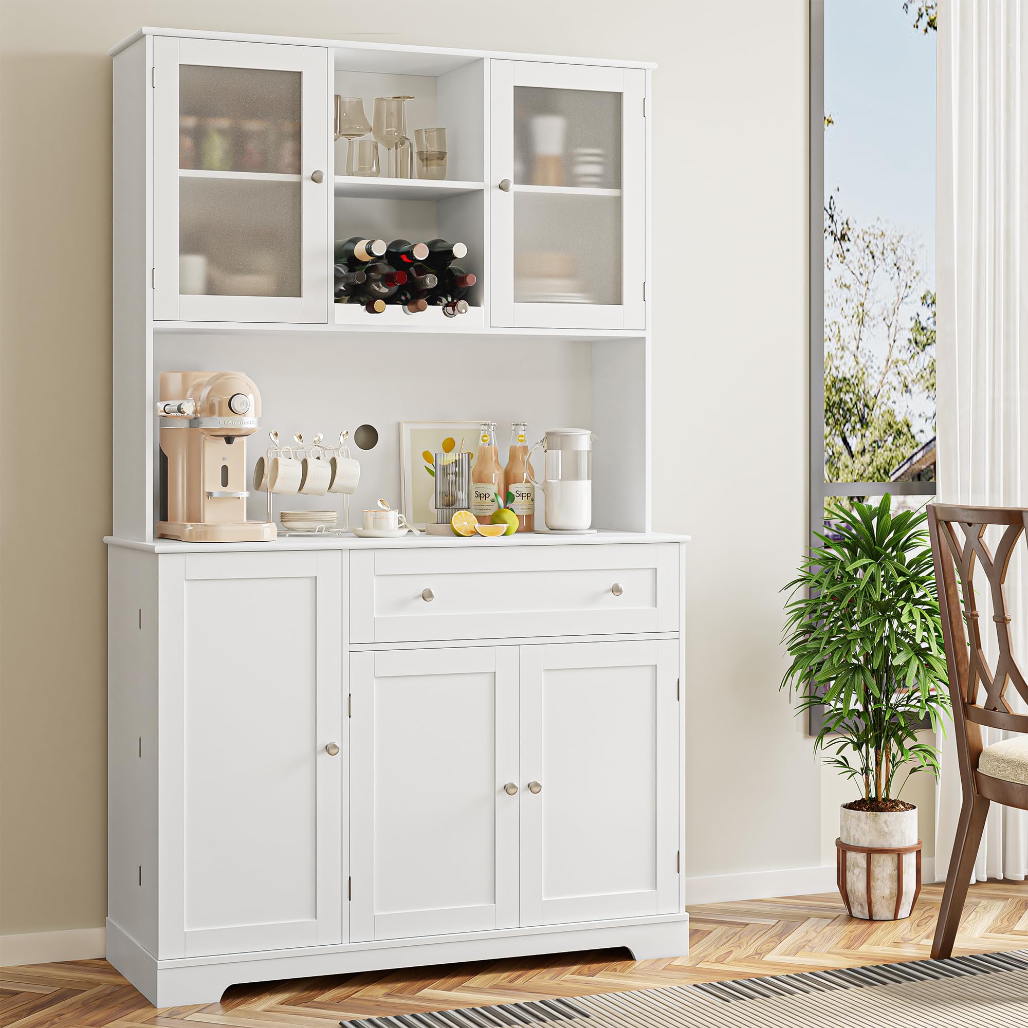 Modern White Kitchen Pantry Storage Cabinet with Hutch & Microwave Stand - Buffet Cabinet with Doors, Shelves & Wine Rack for Dining Room | Perfect for Small Kitchen Organization & Stylish Home Decor
