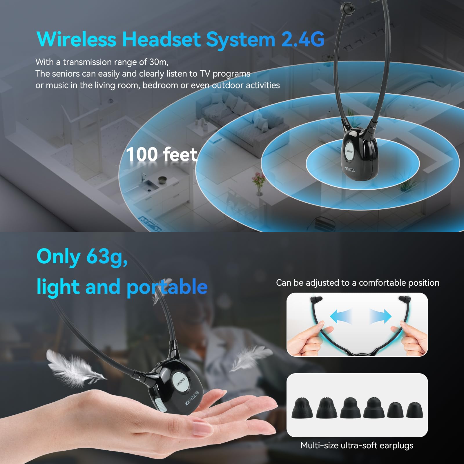 Retekess TA008 Wireless TV Headphones for Seniors & Hearing Impaired - Dual Battery Combo, Independent Left/Right Ear Volume Control - Perfect for Late-Night TV Watching, Nursing Homes & Private Viewing