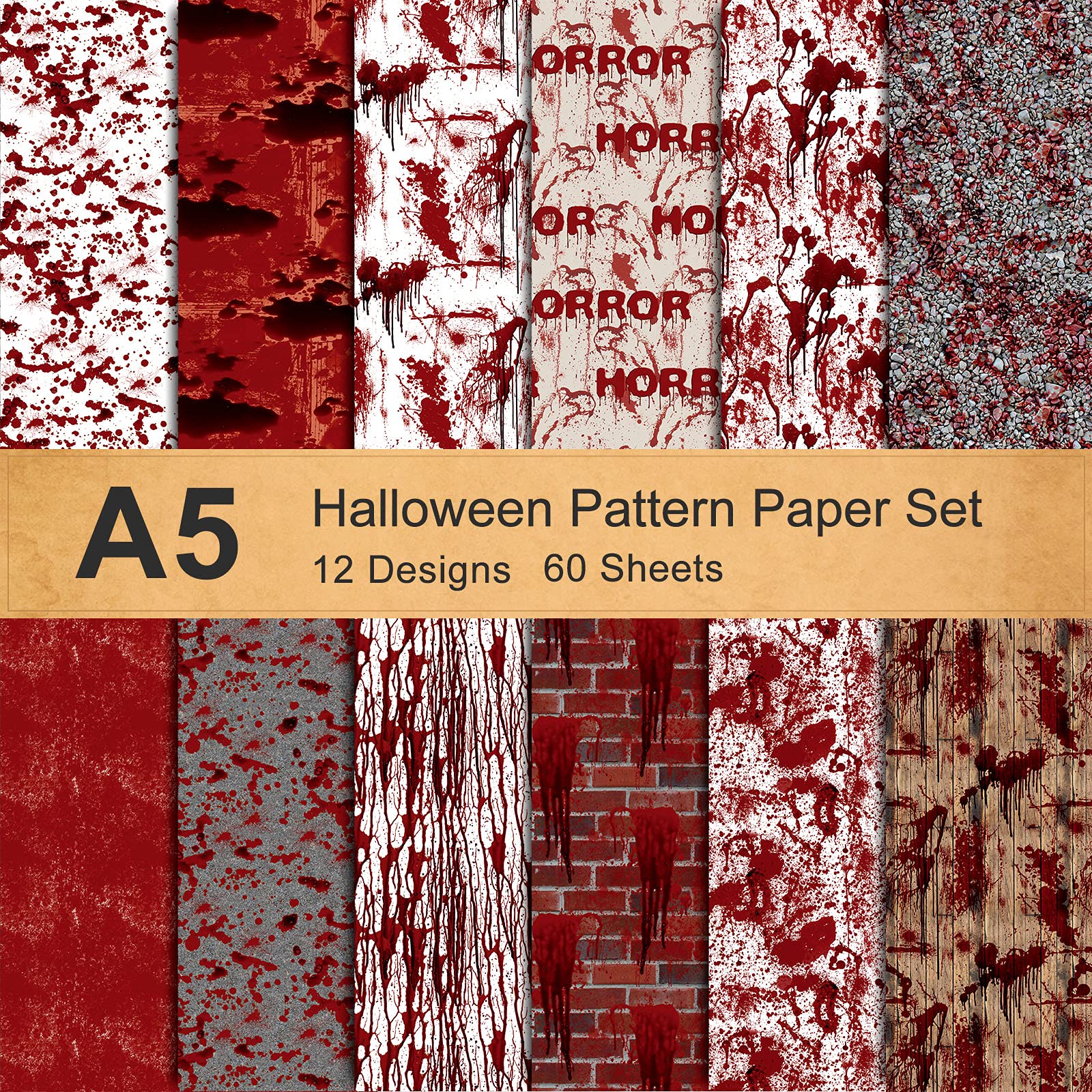 Whaline 60-Sheet Halloween Horror Pattern Paper Set - 12 Bloody Designs, A5 Size Double-Sided Origami Paper for Card Making, Scrapbooking, DIY Crafts - Perfect for Halloween Decorations, Party Favors & Spooky Art Projects