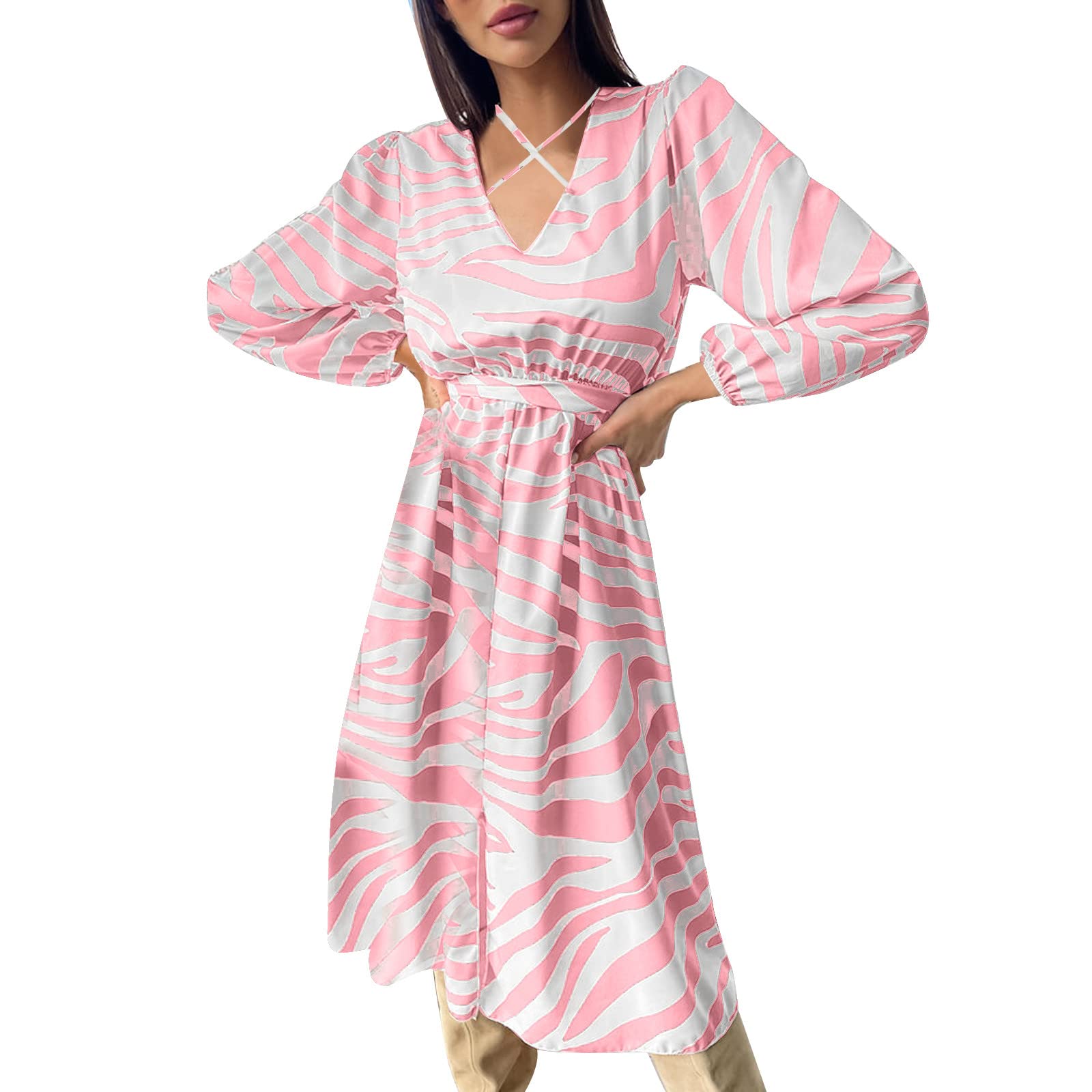Elegant Women's Long Sleeve V-Neck Chiffon Boho Dress with Floral Print - Summer Tank Dress for Casual Outings, Beach Vacations & Special Occasions