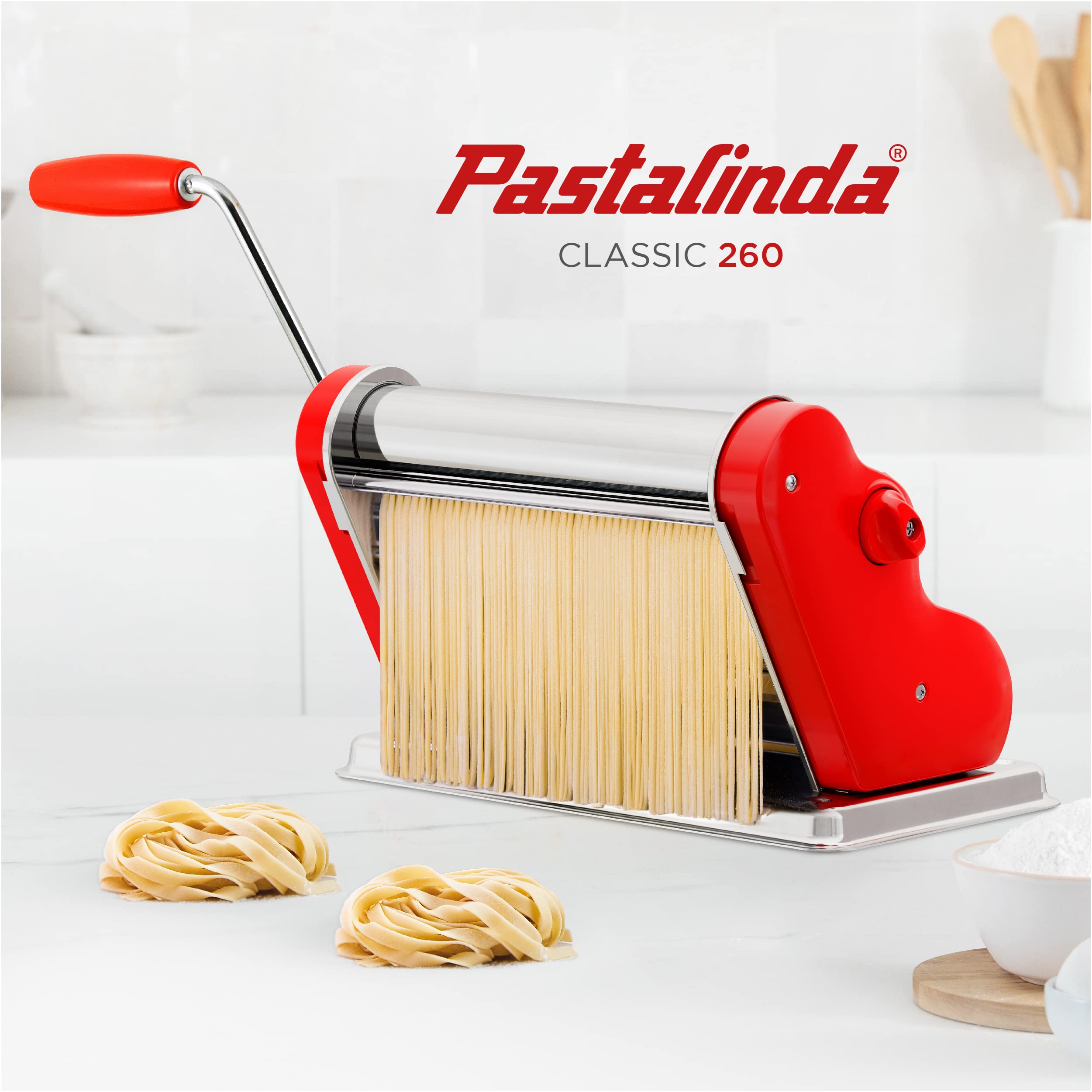 PASTALINDA Classic 260 Pasta Maker Machine - 26cm Wide Stainless Steel Rollers with 9 Thickness & 2 Cutting Positions - Includes Reinforced Hand Crank & 2 Clamps - Perfect for Homemade Pasta, Ravioli & Noodles - Ideal for Italian Cuisine & Family Cooking