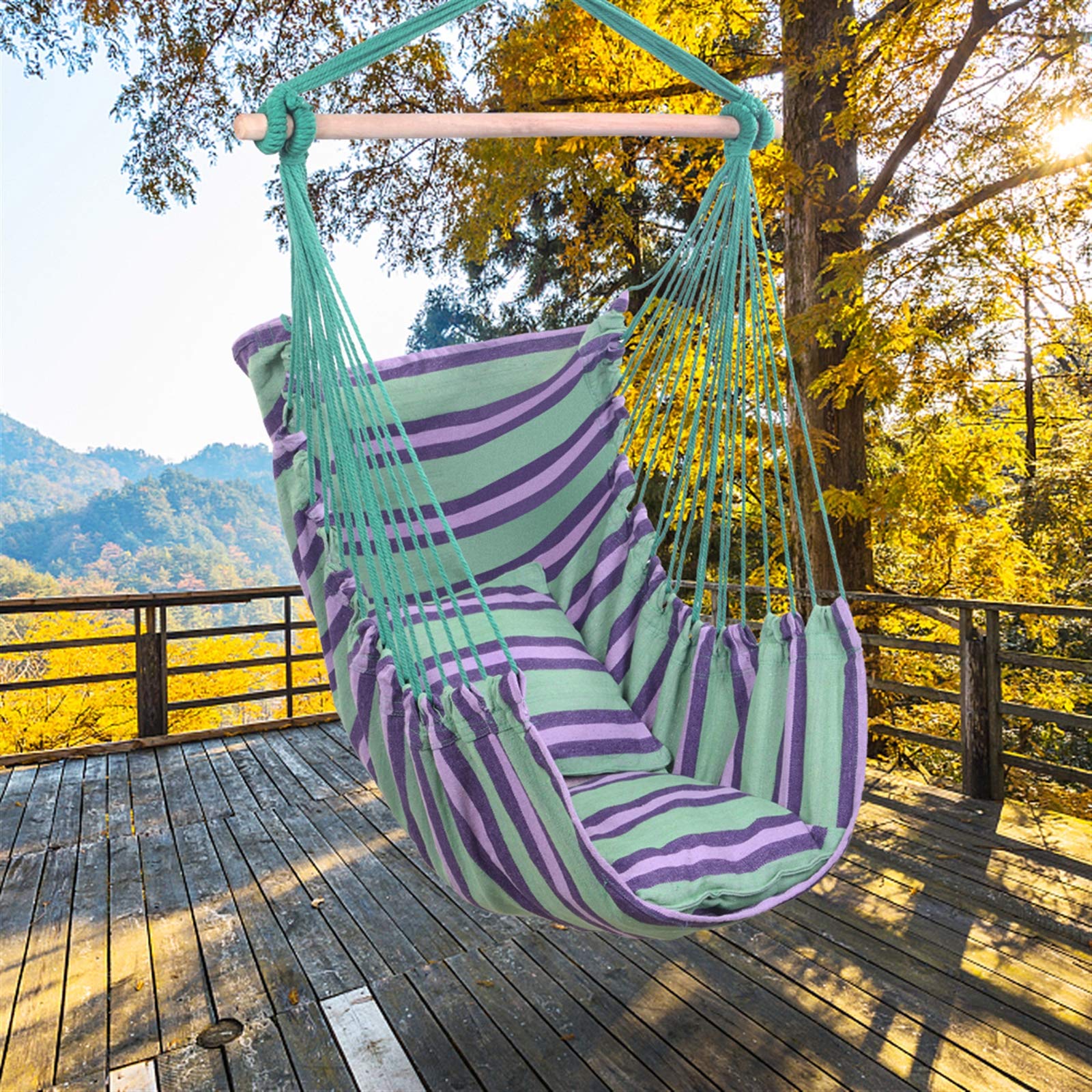 Hanging Rope Swing Chair - Comfortable Hammock Chair for Adults, Indoor/Outdoor Use with 2 Seat Cushions (Green) - Perfect for Bedroom, Porch, Garden, Patio & Yard Relaxation