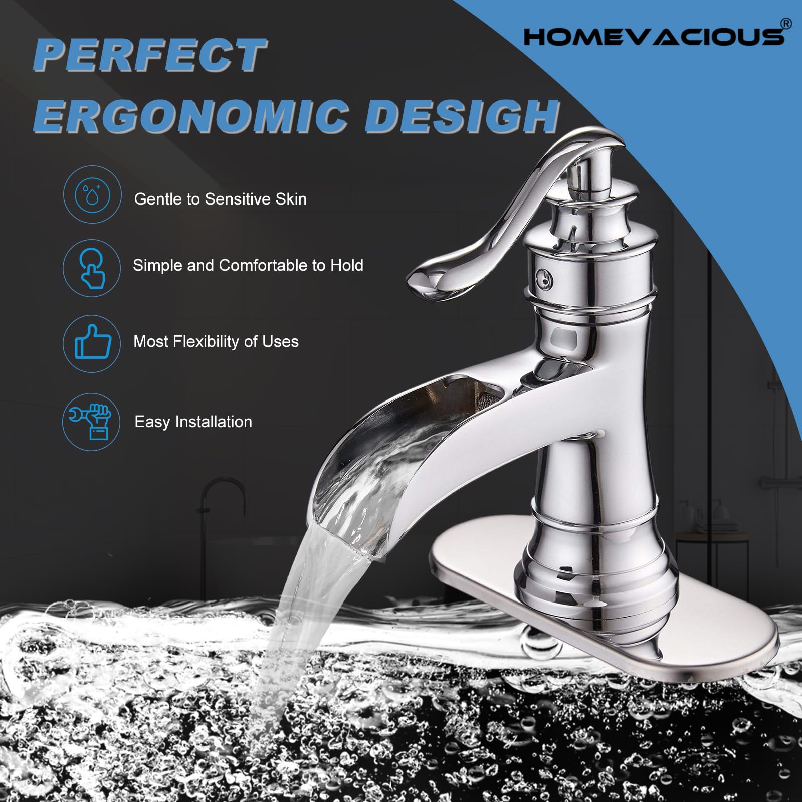 Homevacious Single Hole Waterfall Bathroom Faucet - Chrome Vanity Sink Faucet with Lever Handle, Deck Mount Basin Mixer Tap for Bathroom & Lavatory - Perfect for Modern Homes, Hotels, and Commercial Spaces