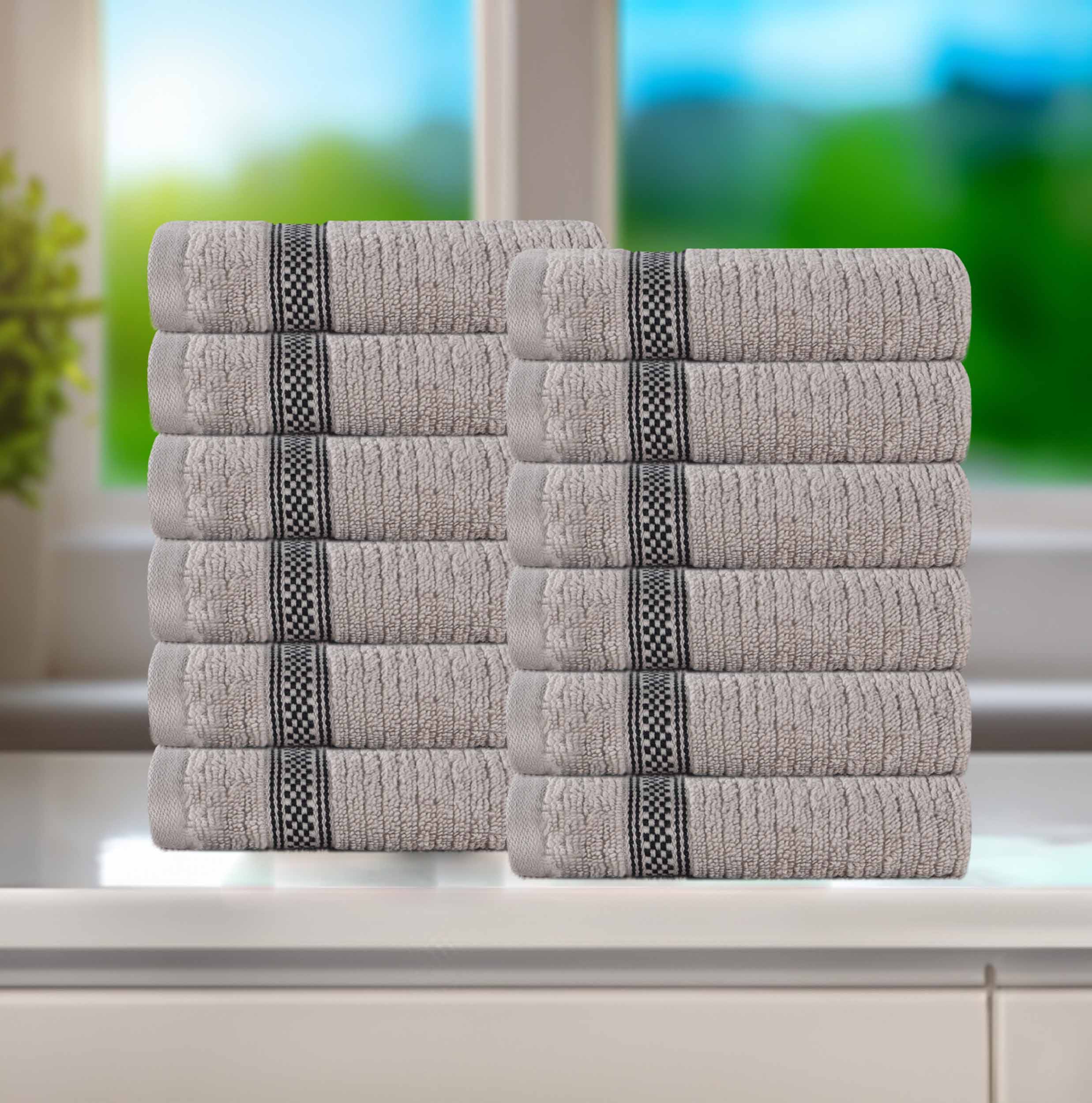 12-Pack Zero Twist Cotton Ribbed Geometric Border Plush Face Towels | Ultra Soft Bath & Hand Towels for Spa, Gym, Travel & Home Use