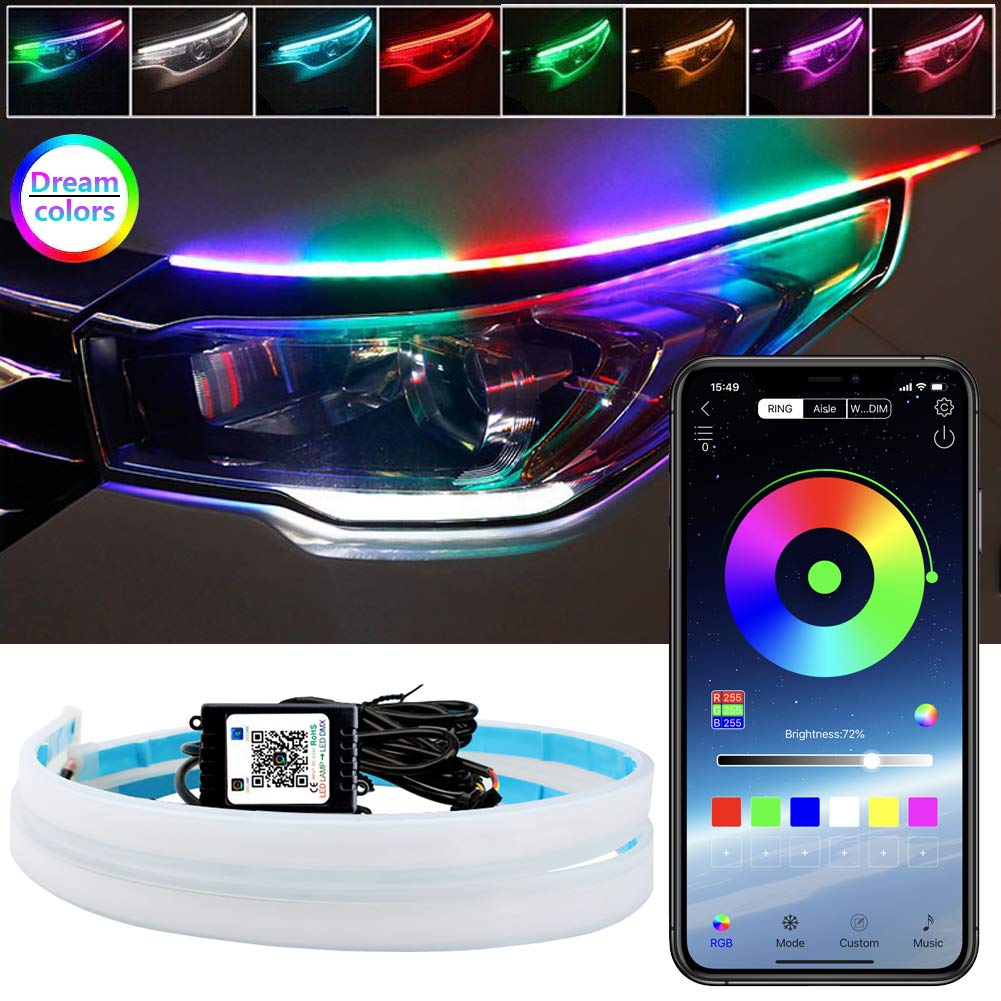 LEDCARE 24 Inch Car Headlight LED Strips - Waterproof Flexible Exterior LED Daytime Running Lights with Dreamcolor Chasing & Wireless APP Control (2-Pack) - Perfect for Car Customization, Night Driving Safety & Vehicle Aesthetic Enhancement
