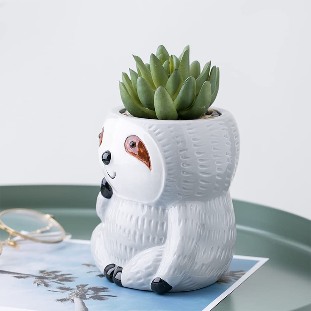 Gray Sloth Planter Pot for Succulents, Plants & Flowers - Cute Animal Shaped Ceramic Planter with Pencil Holder Function - Perfect Indoor Plant Pot Gift for Plant Lovers (Home Decor, Office Desk, Garden Decor)