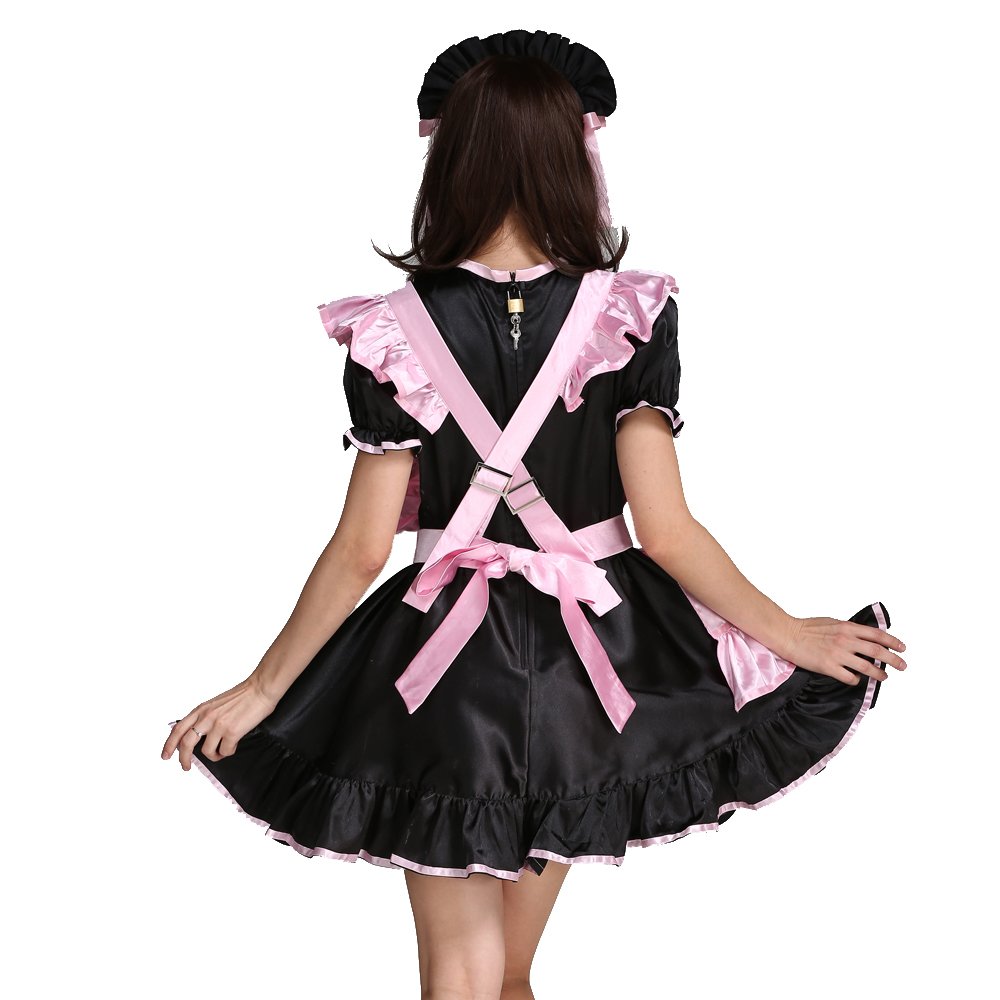 Sexy Women's Maid Costume - Pink & Black Satin Dress Uniform for Cosplay, Halloween, and Role Play - Perfect for Parties, Crossdressing, and Themed Events
