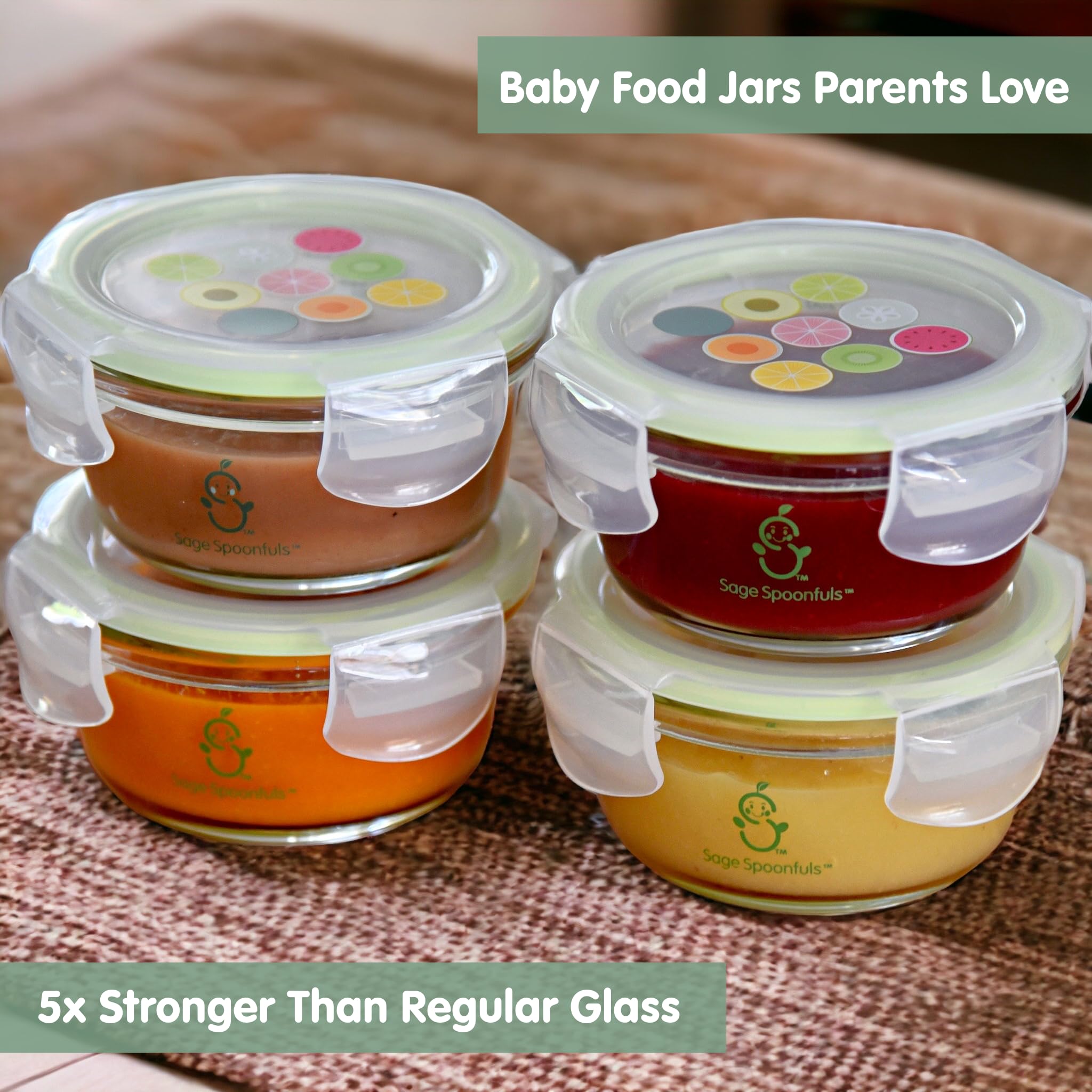 Sage Spoonfuls 7 oz Glass Baby Food Storage Containers with Lids - 4 Pack, BPA-Free, Leakproof & Airtight, Freezer, Microwave & Dishwasher Safe, Reusable Baby Food Jars for Homemade Purees, Snacks, and Meal Prep