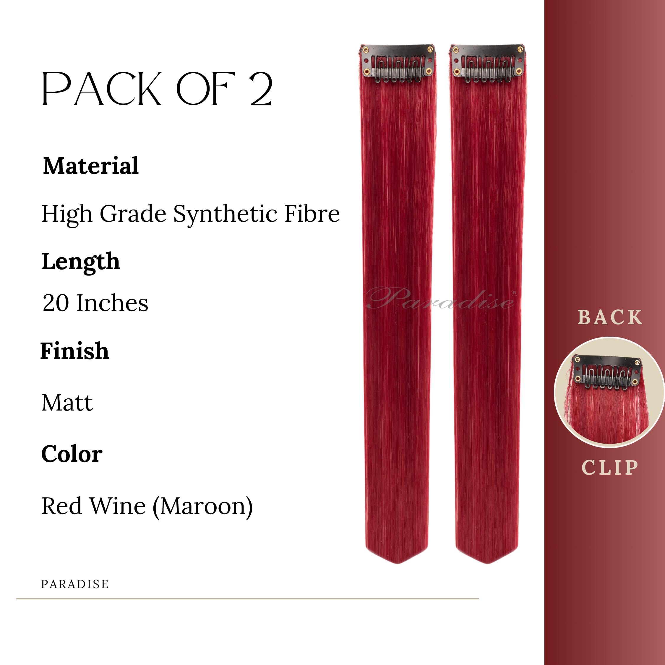 Paradise® 22 Inch Maroon Wine Clip-In Hair Extensions for Women - 2 Pack Straight Synthetic Hair Streaks for Girls, Party & Cosplay - Perfect for Halloween, Prom & Costume Events