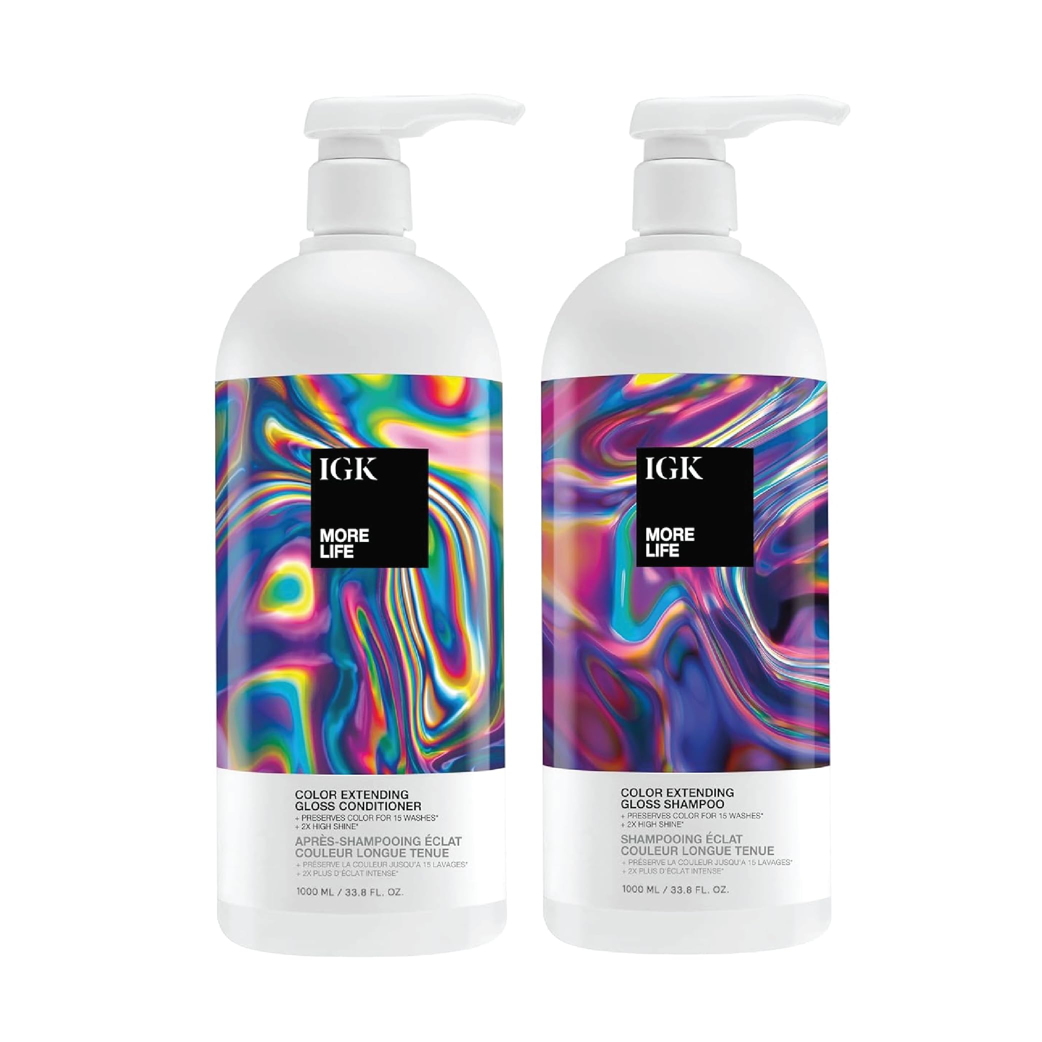IGK MORE LIFE Color Extending Gloss Shampoo & Conditioner Set - 33.8oz | Vegan Color Care for Treated Hair with UV Protection | Cruelty-Free Sulfate-Free Formula | Perfect for Salon-Fresh Hair at Home | Great for Blondes, Brunettes & Color-Treated Hair
