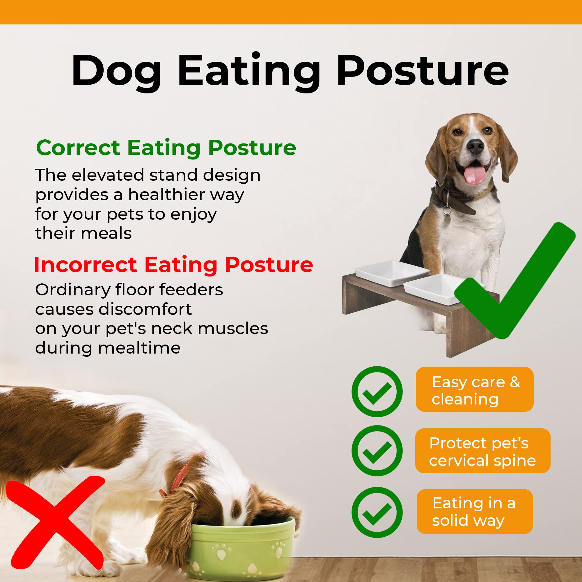 Bowsers Artisan Diner Double Dog Feeder - Handcrafted Rubberwood Frame with Square Ceramic Bowls for Medium Dogs - Walnut, 22