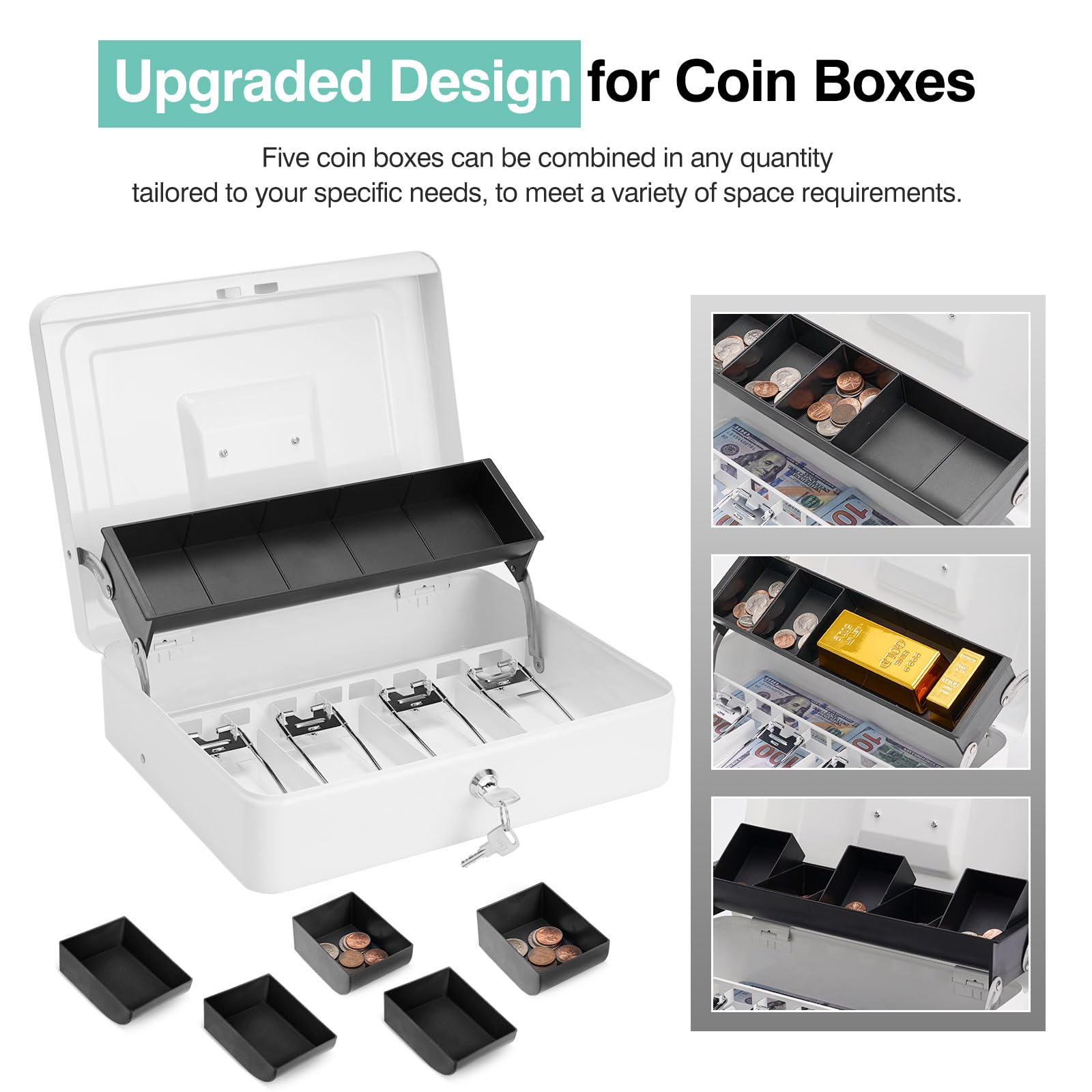 Secure Metal Locking Cash Box with Key - Durable Money Safe with 4 Bill & 5 Coin Slots, Cantilever Design & Carry Bag - Ideal for Home, Office, Retail Stores & Small Business Cash Management (White)